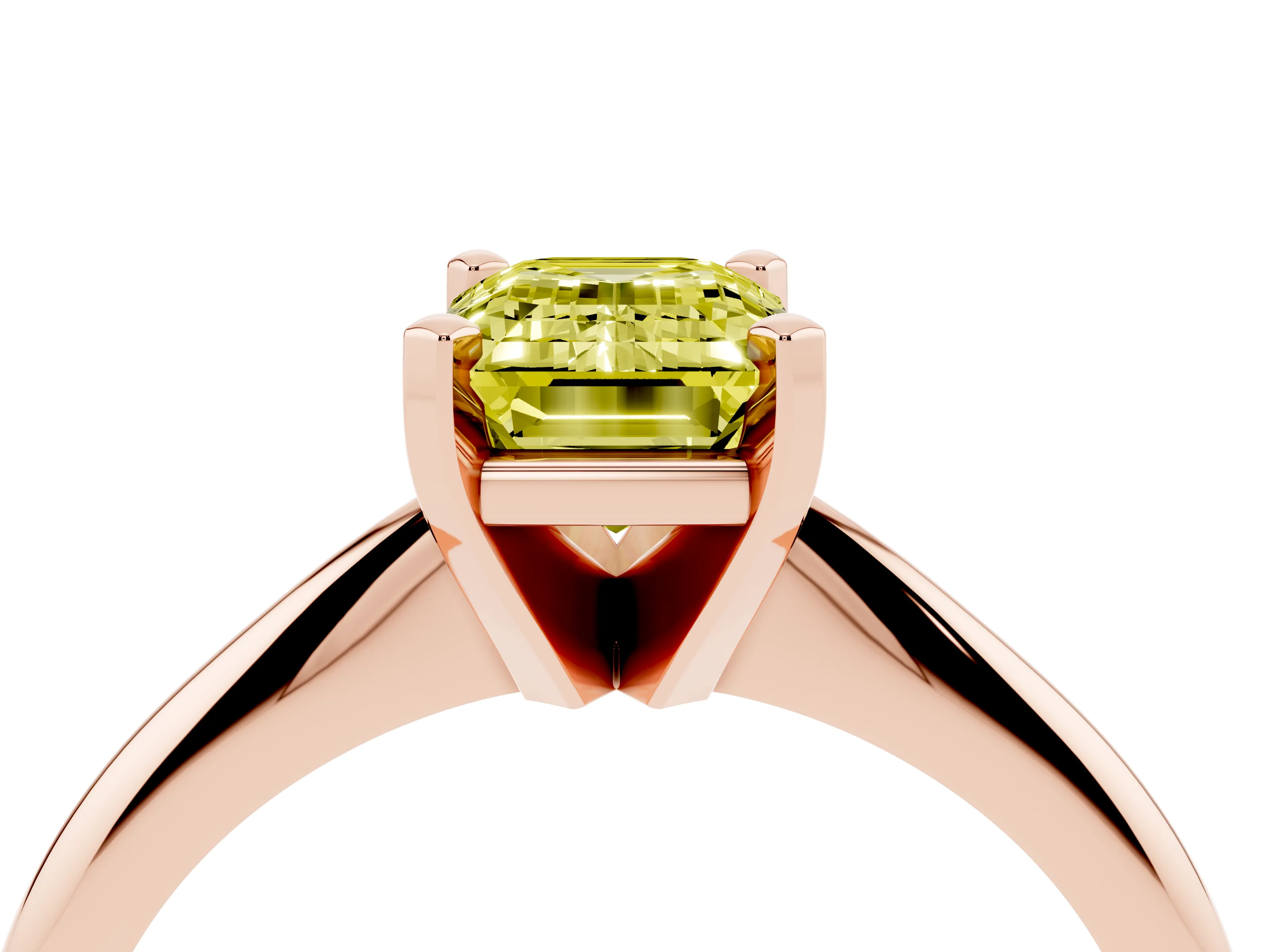 Fancy Yellow Emerald Cut Diamond Solitaire Ring Set in Rose gold with Prong Setting on a Plain Round Band