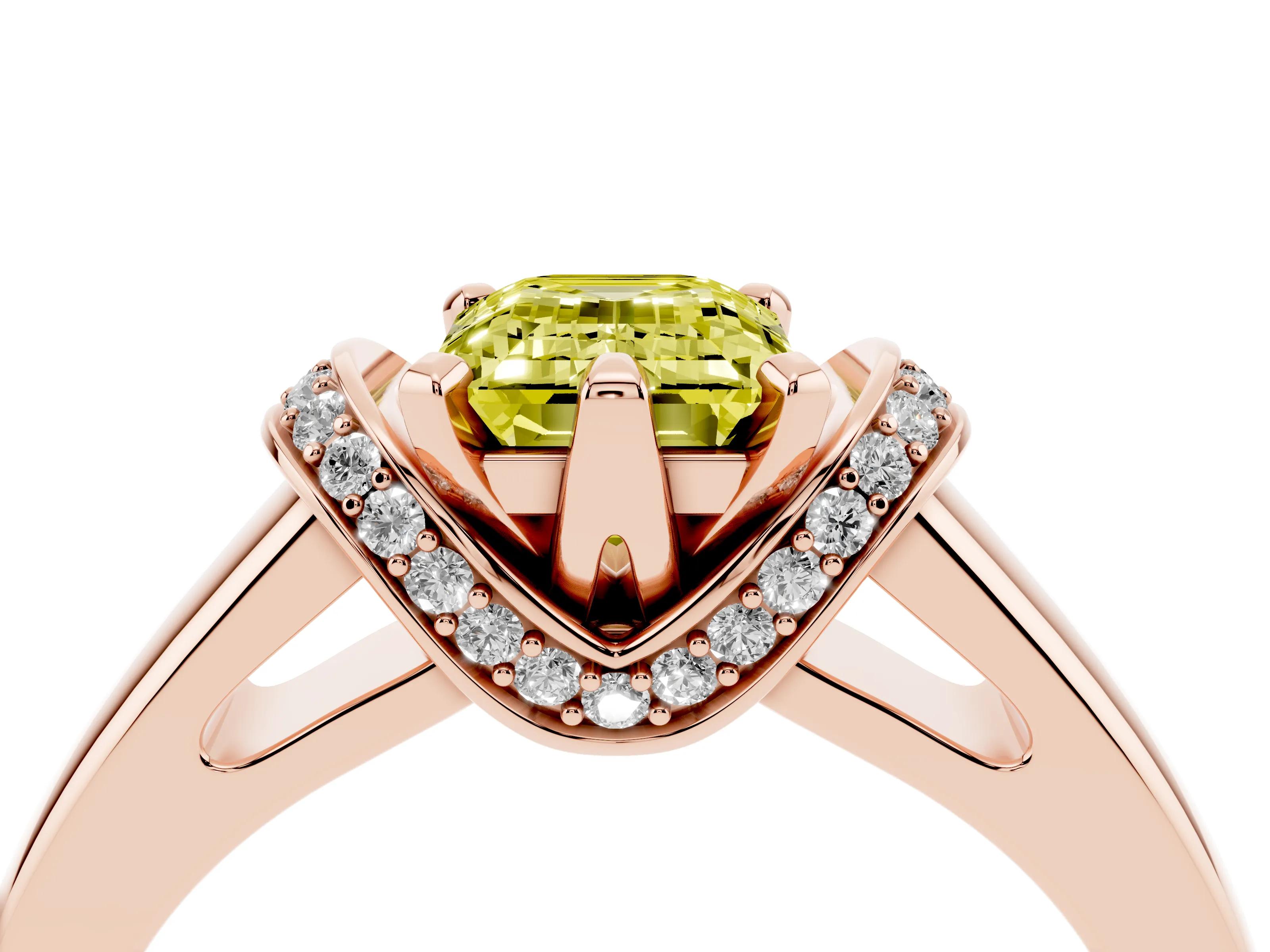 Fancy Yellow Emerald Cut Diamond Pavé Band Solitaire Ring Set in Rose gold with Prong Setting