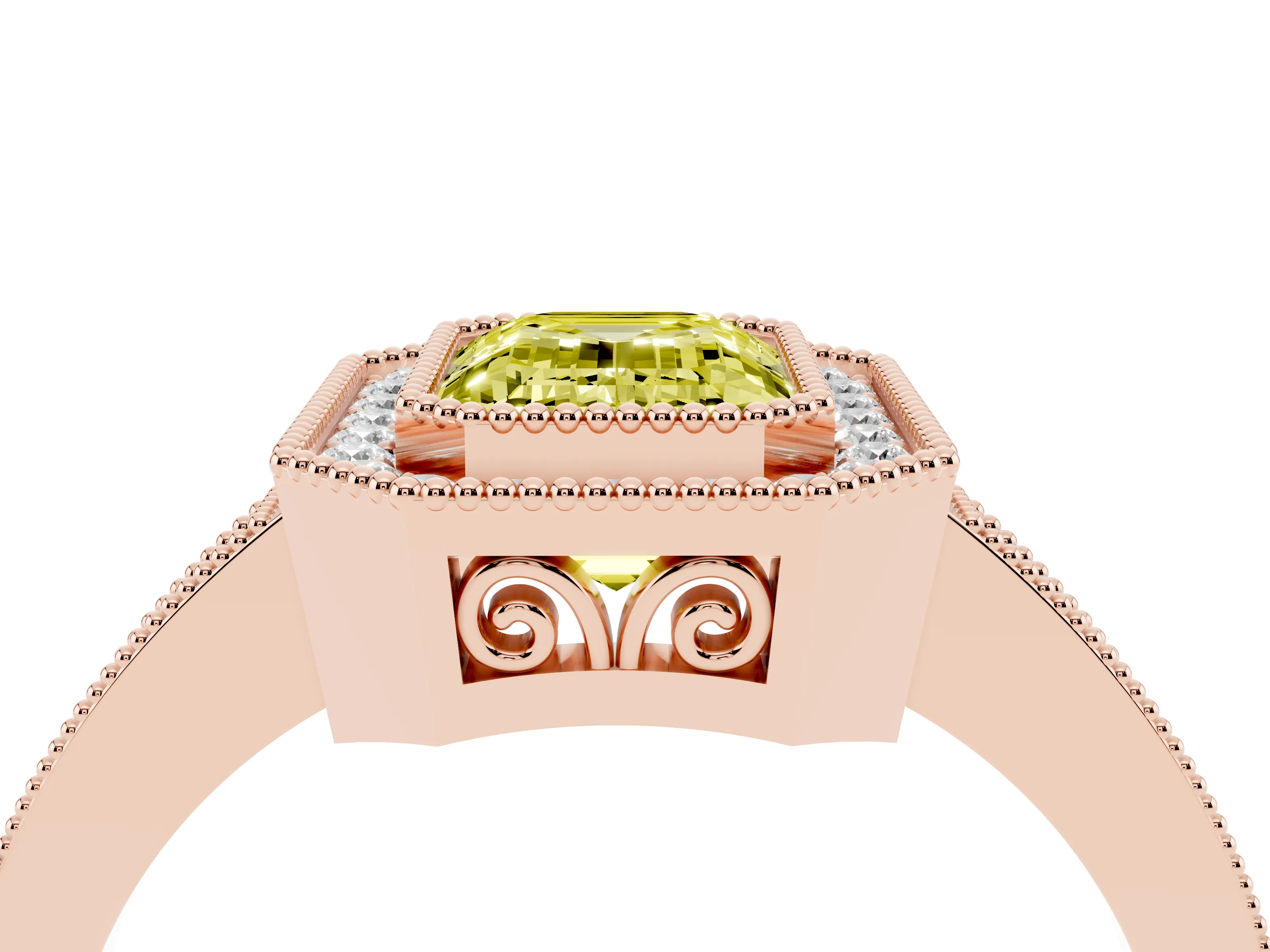 Fancy Yellow Emerald Cut Diamond Halo Ring Set in Rose gold with Pavé Band and Milgrain-Edged Prongs