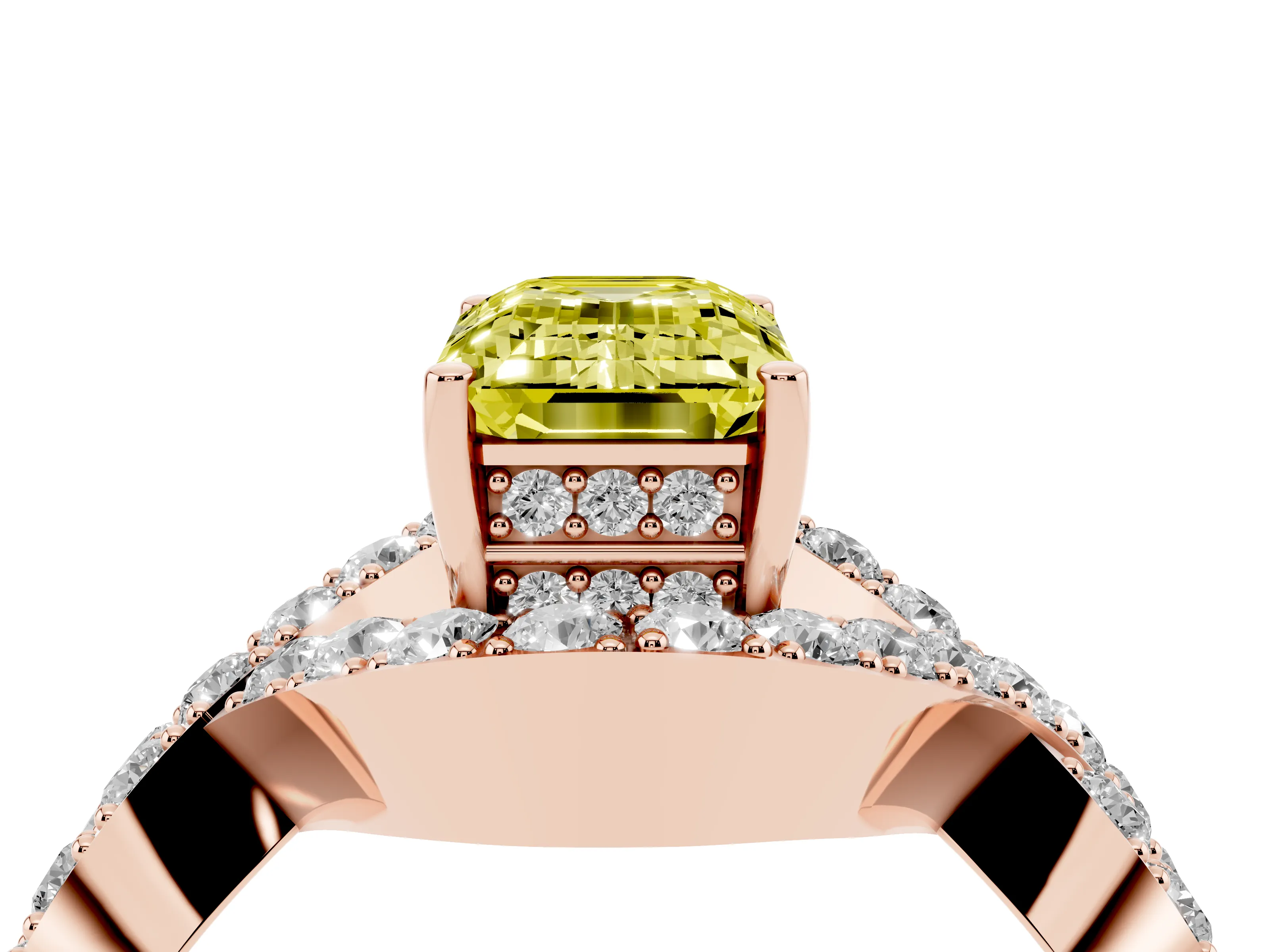 Fancy Yellow Emerald Cut Diamond Solitaire Twist Band Pavé Engagement Ring Set in Rose gold
