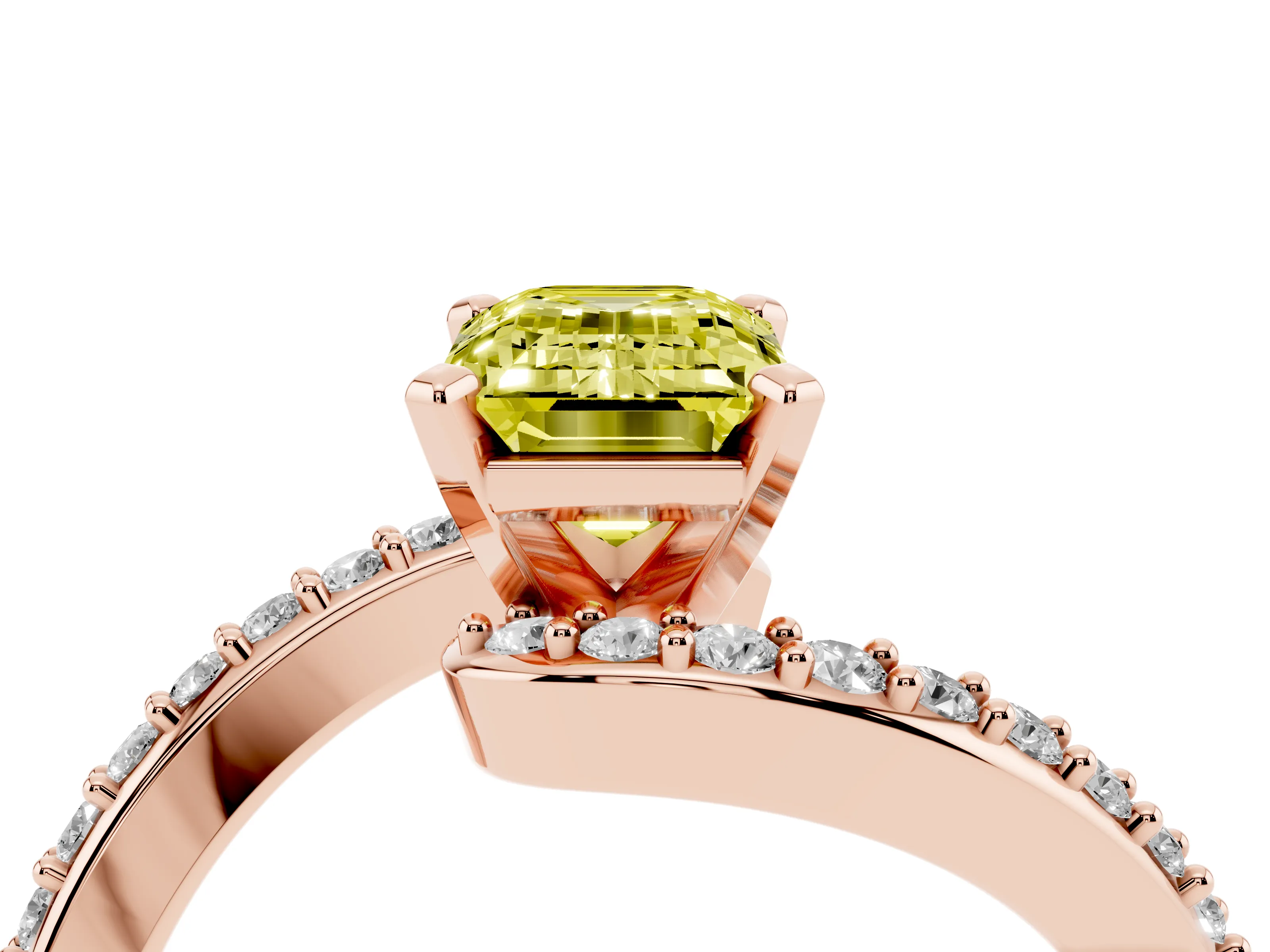 Fancy Yellow Emerald Cut Diamond Solitaire Ring Set in Rose gold with Pavé Twist Band and Prong Setting