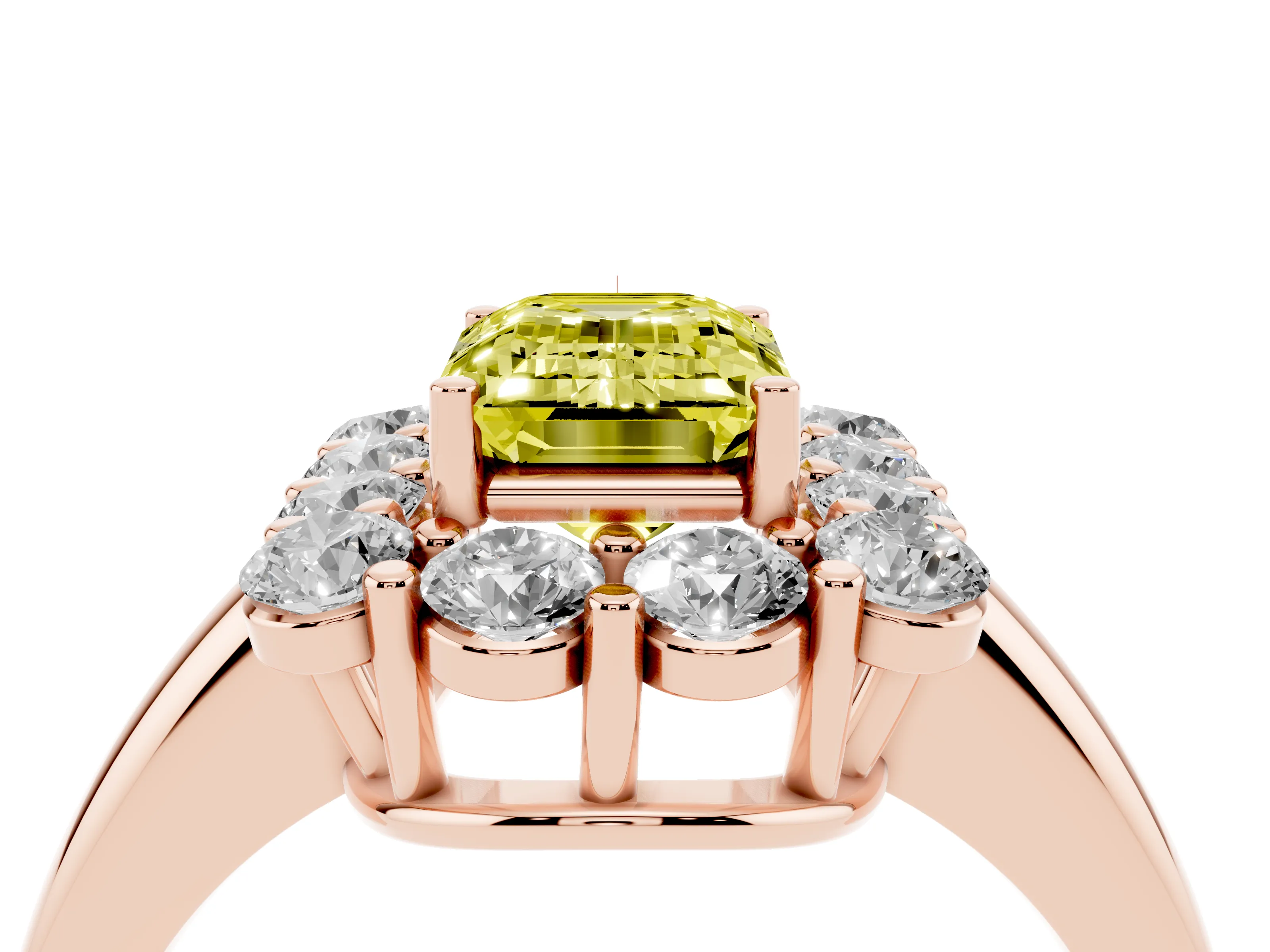Fancy Yellow Emerald Cut Diamond Halo Cluster Engagement Ring Set in Rose gold with Polished Band and Prong Setting