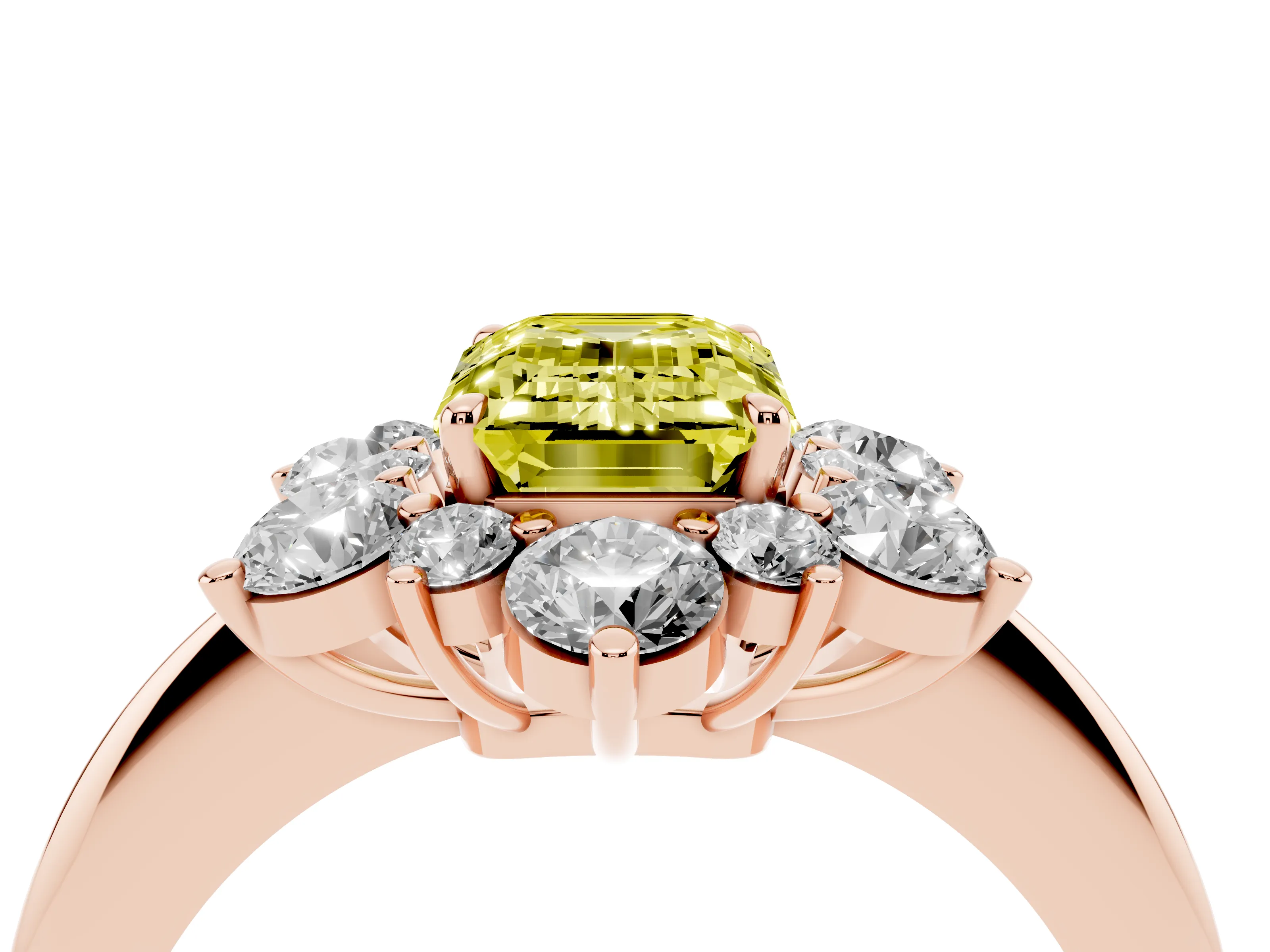 Fancy Yellow Emerald Cut Diamond Cluster Halo Ring Set in Rose gold with Solitaire Band and Prong Setting