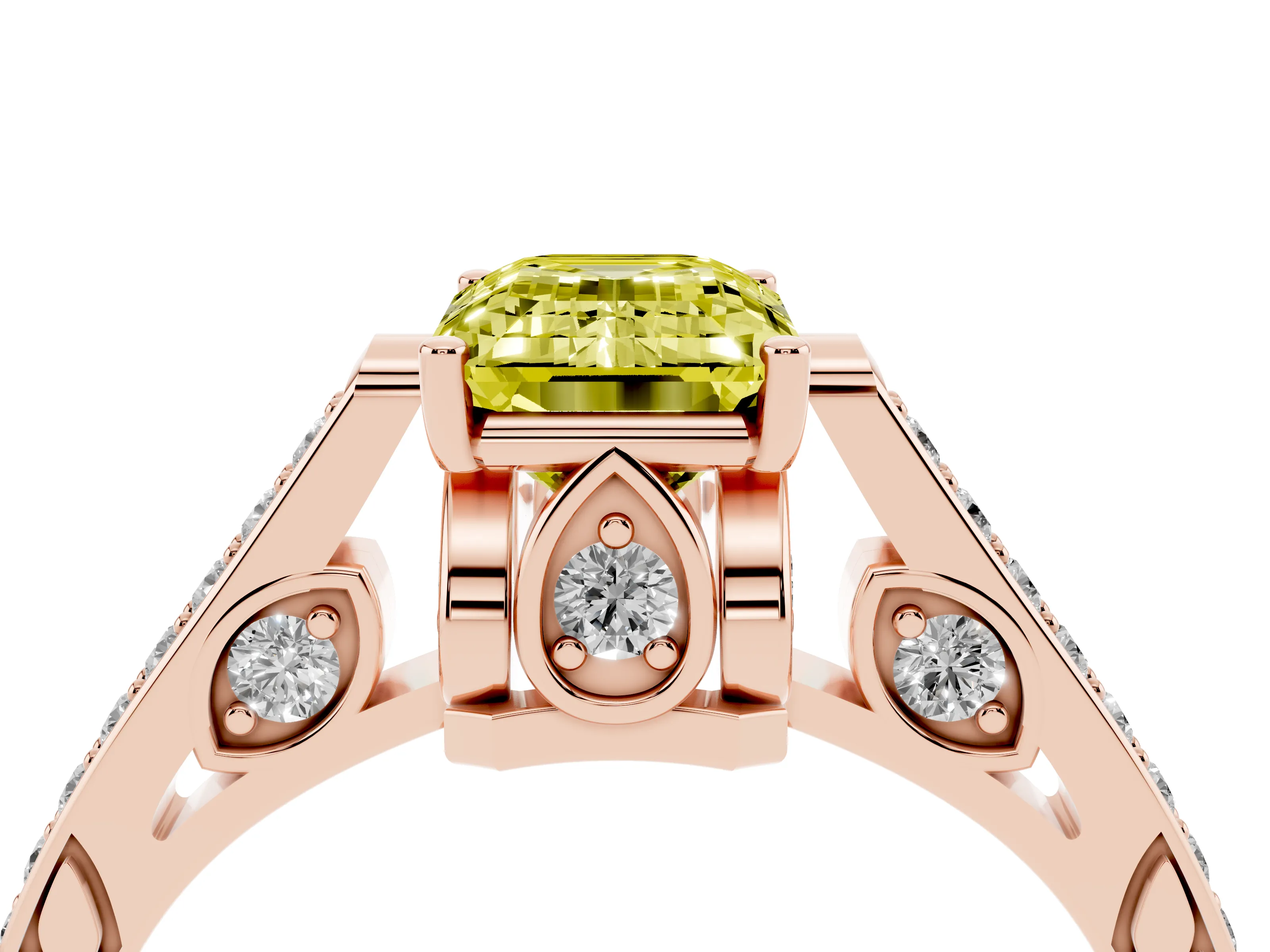 Fancy Yellow Emerald Cut Diamond Cathedral Pavé Engagement Ring Set in Rose gold with Prong Setting