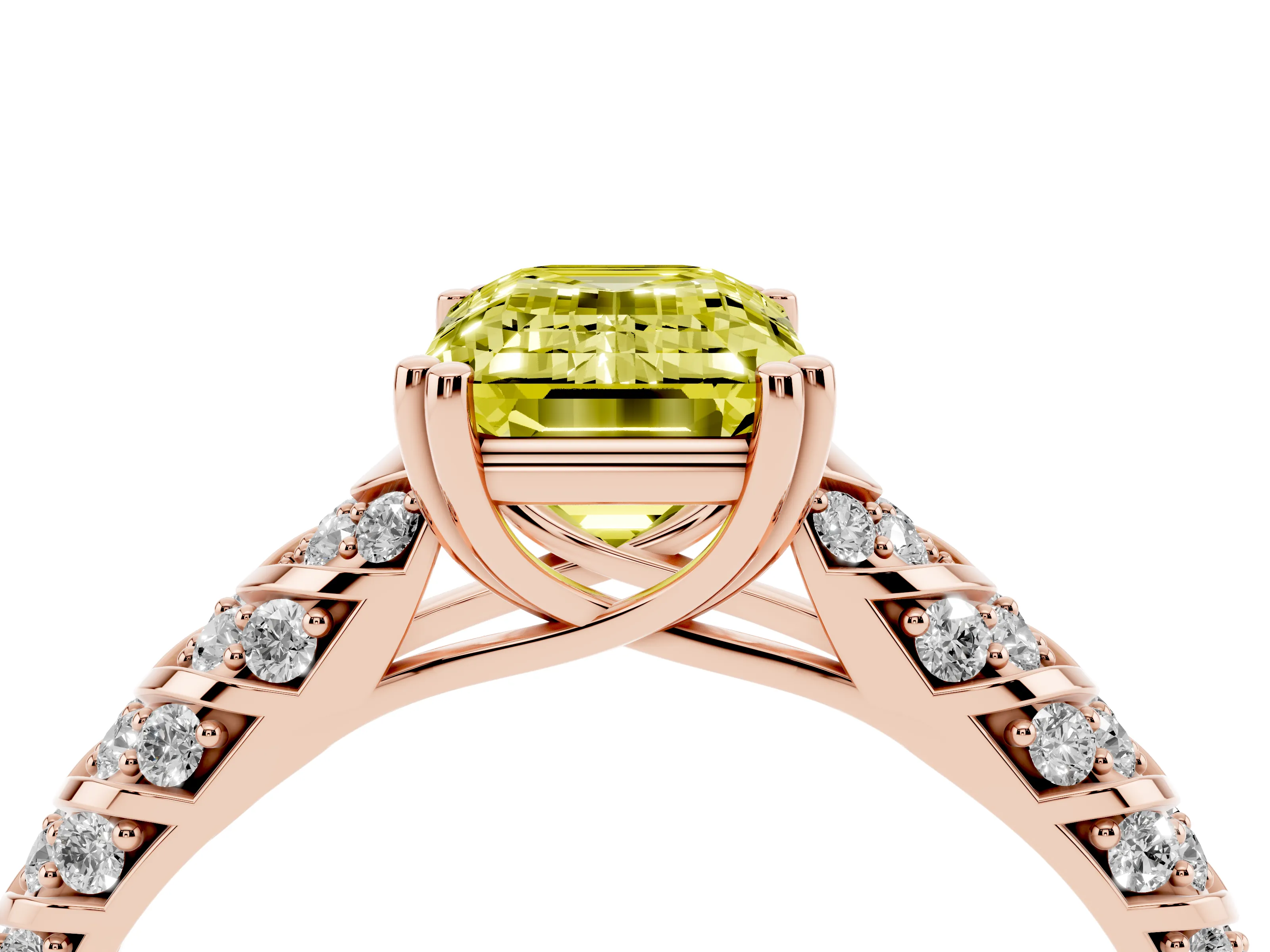 Fancy Yellow Emerald Cut Diamond Solitaire Chevron Pavé Engagement Ring Set in Rose gold with Prong Setting