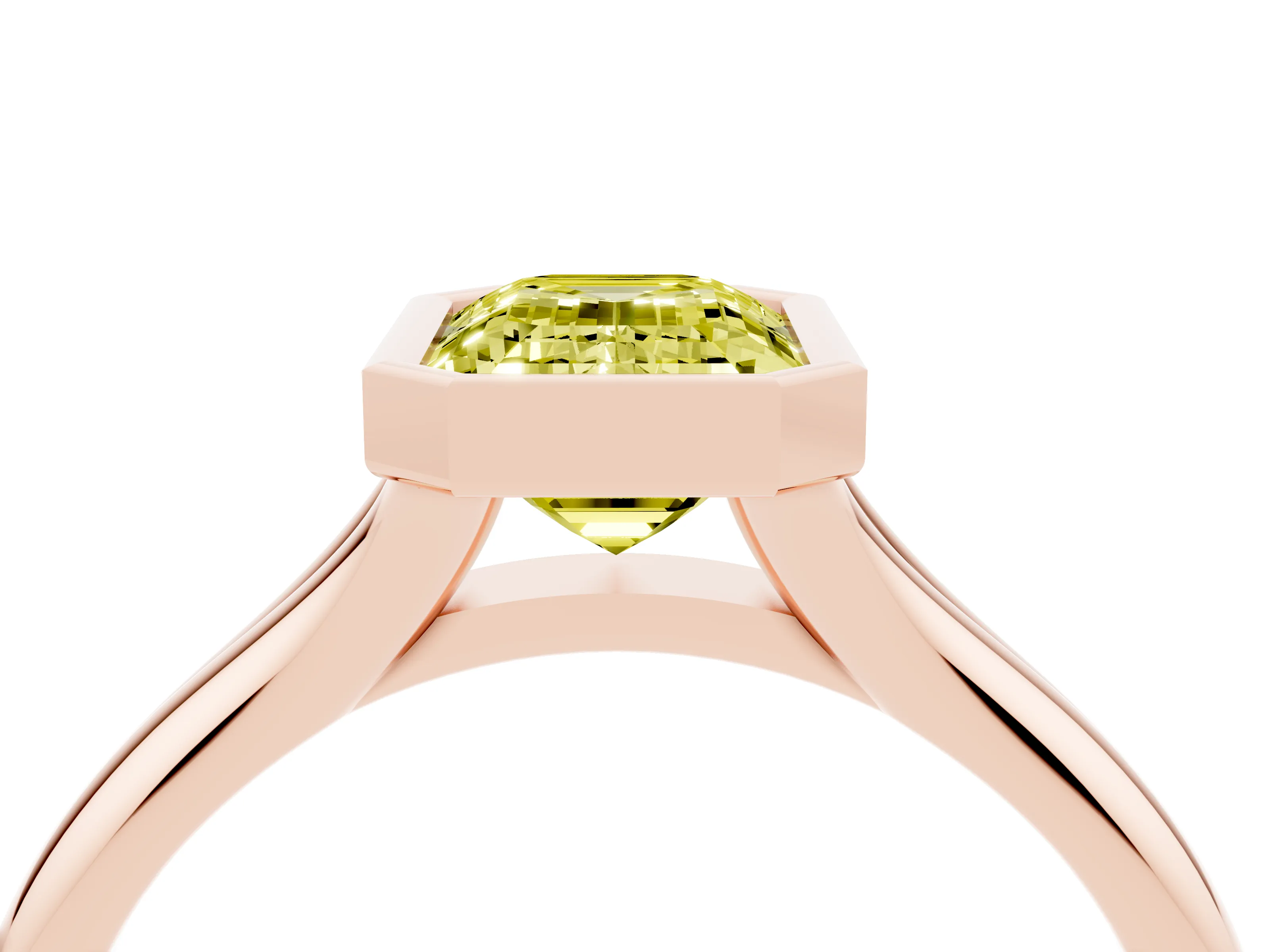 Fancy Yellow Bezel Set Emerald Cut Diamond Solitaire Ring Set in Rose gold with Smooth Band