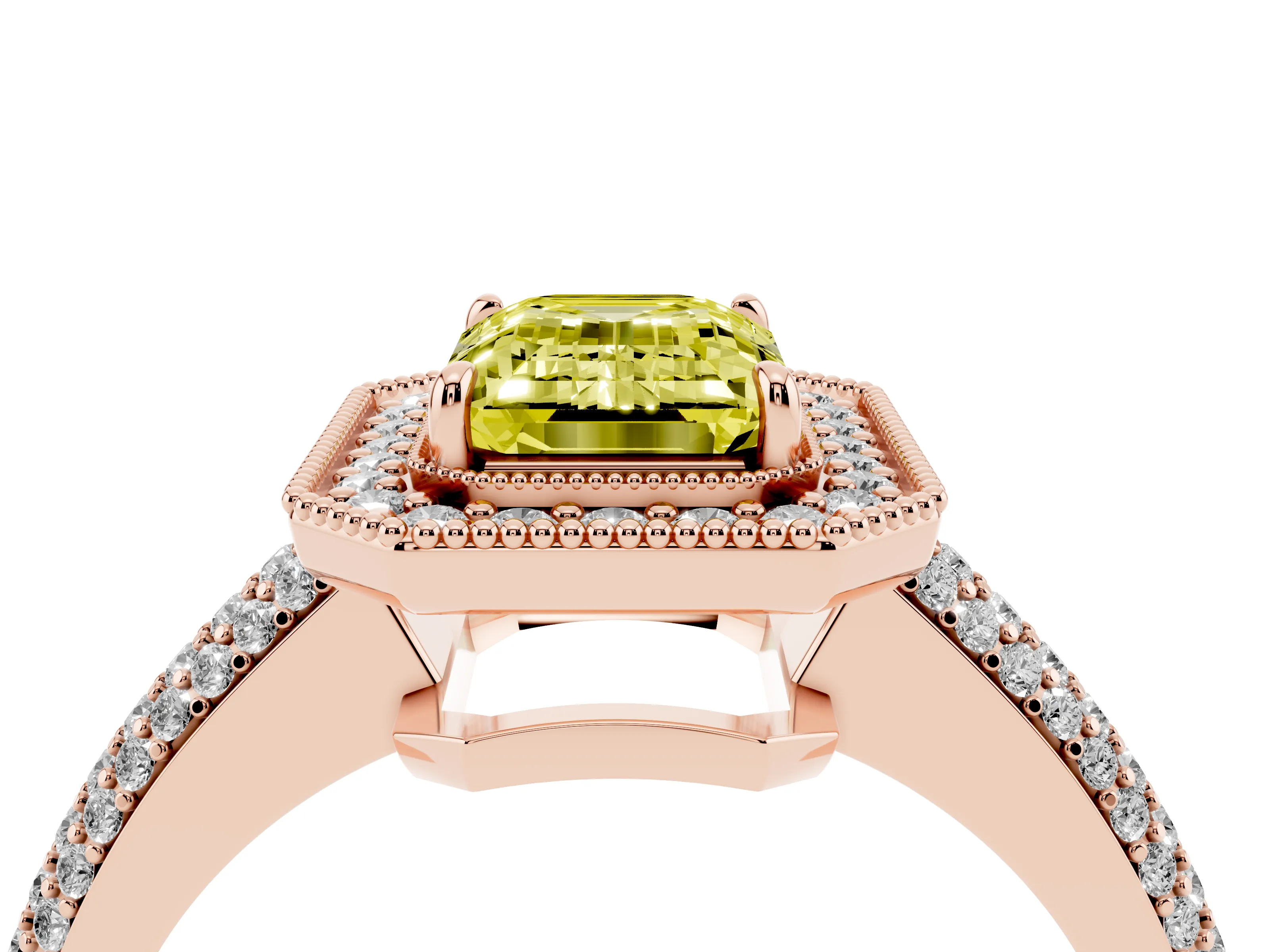 Fancy Yellow Emerald Cut Diamond Halo Pavé Band Set in Rose gold with Prong Setting