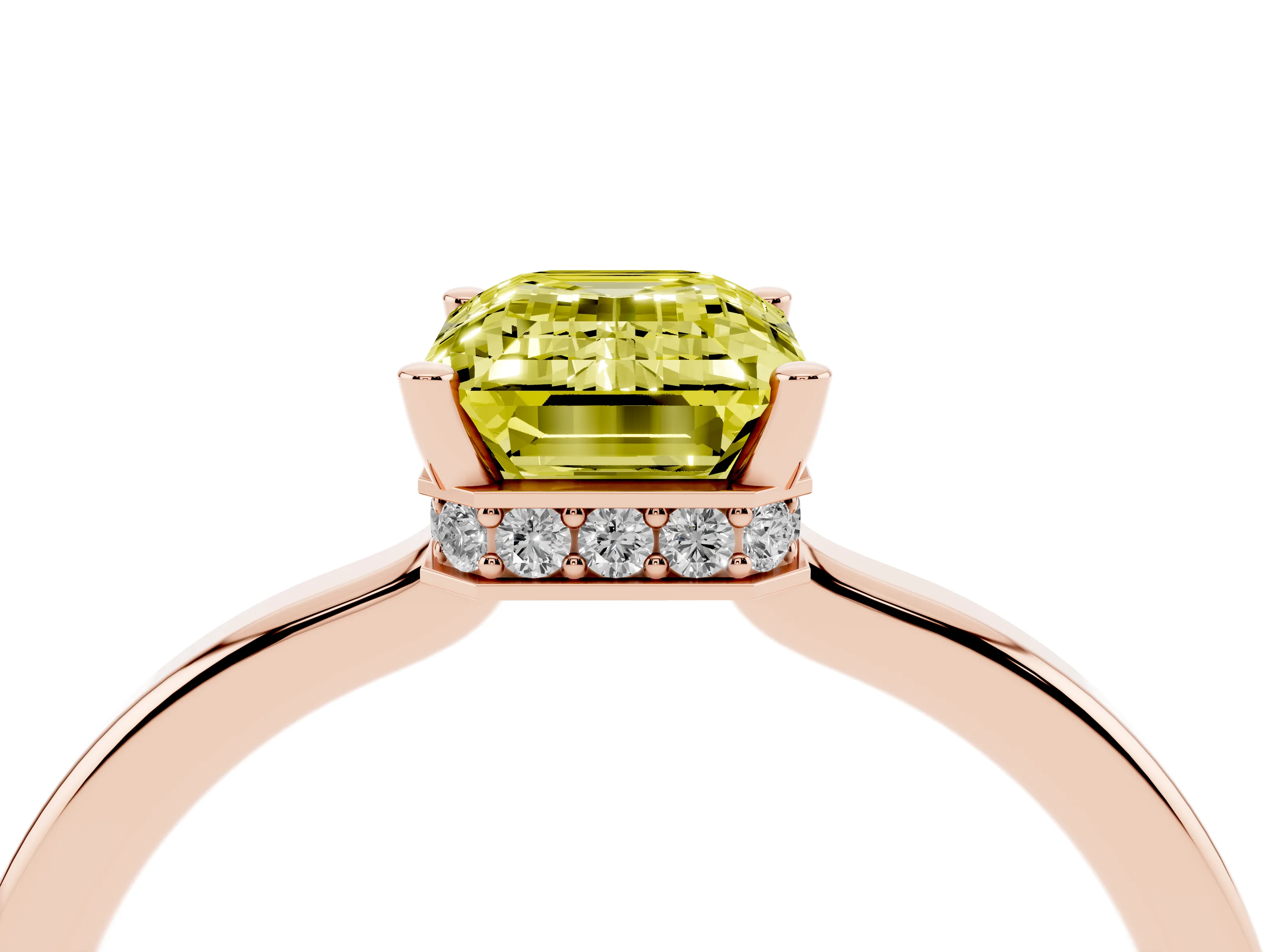 Fancy Yellow Emerald Cut Diamond Solitaire Engagement Ring Set in Rose gold with Prong Setting on a Plain Band