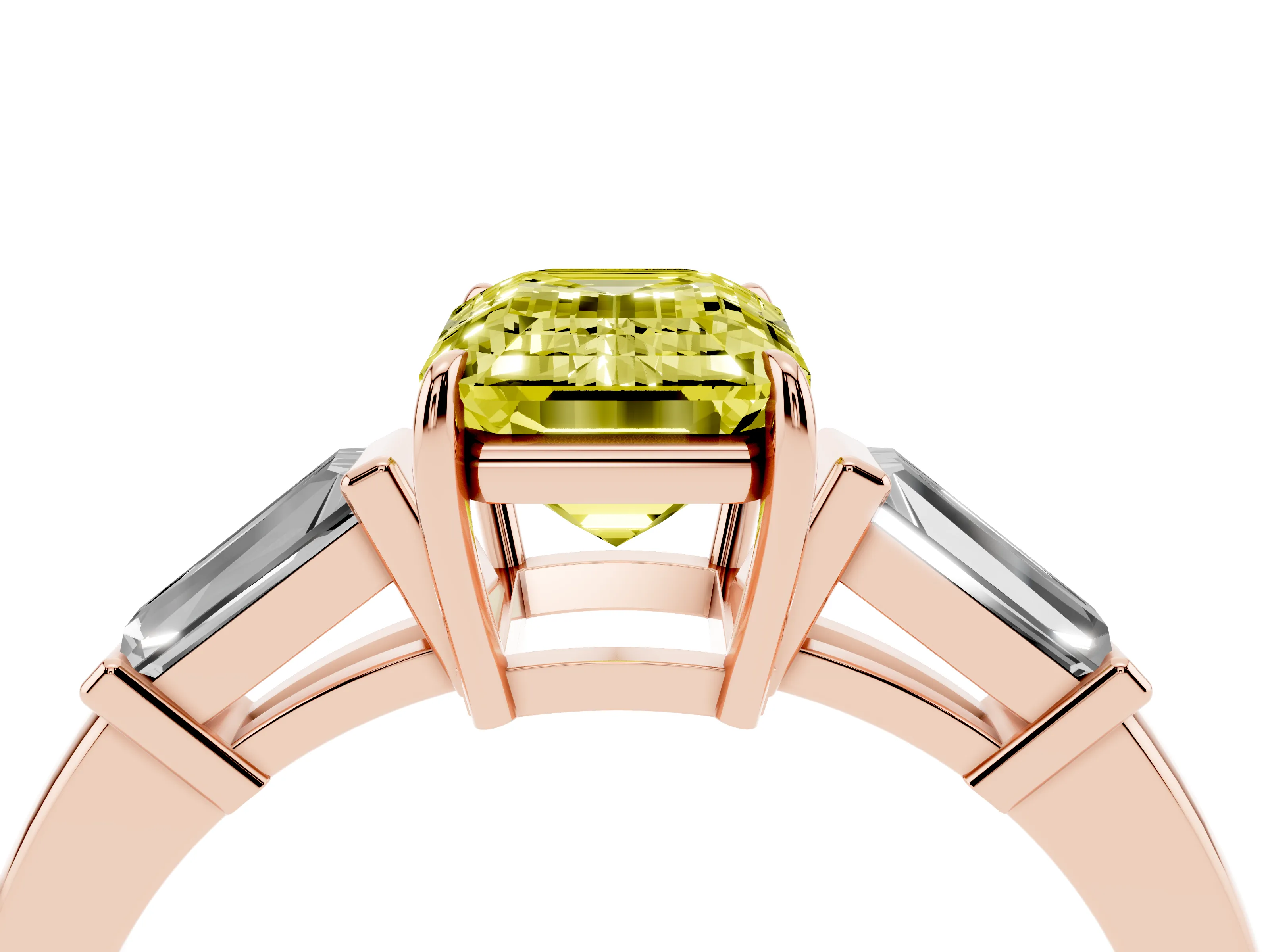 Fancy Yellow Emerald Cut Diamond Three-Stone Ring Set in Rose gold with Tapered Baguette Side Stones and Prong Setting