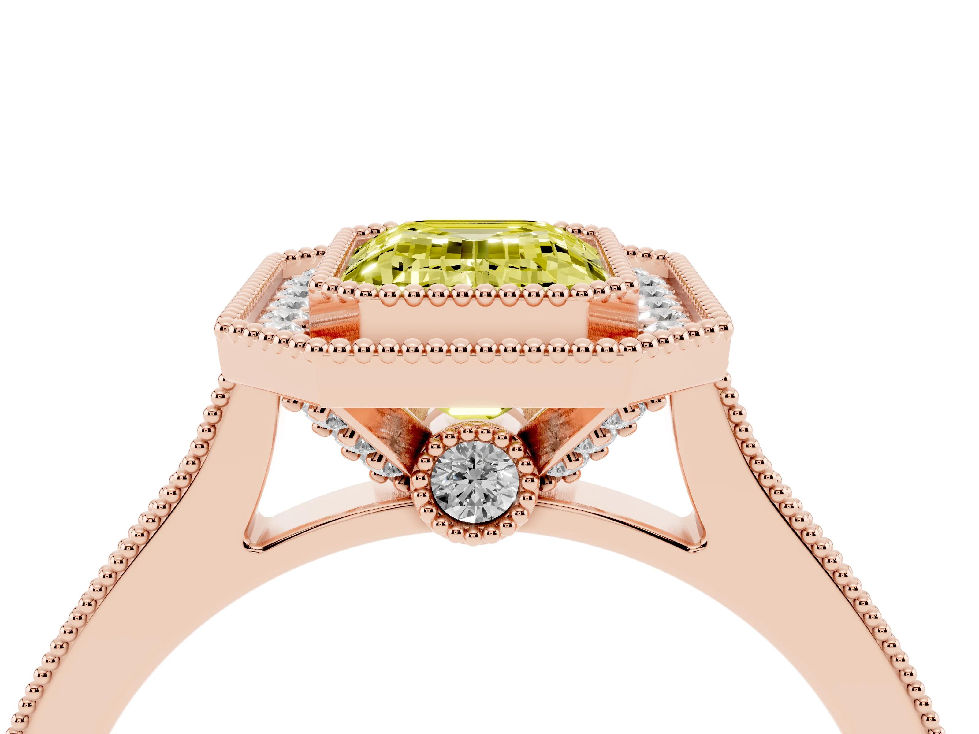 Fancy Yellow Emerald Cut Diamond Halo Milgrain Pavé Band Ring Set in Rose gold with Prong Setting