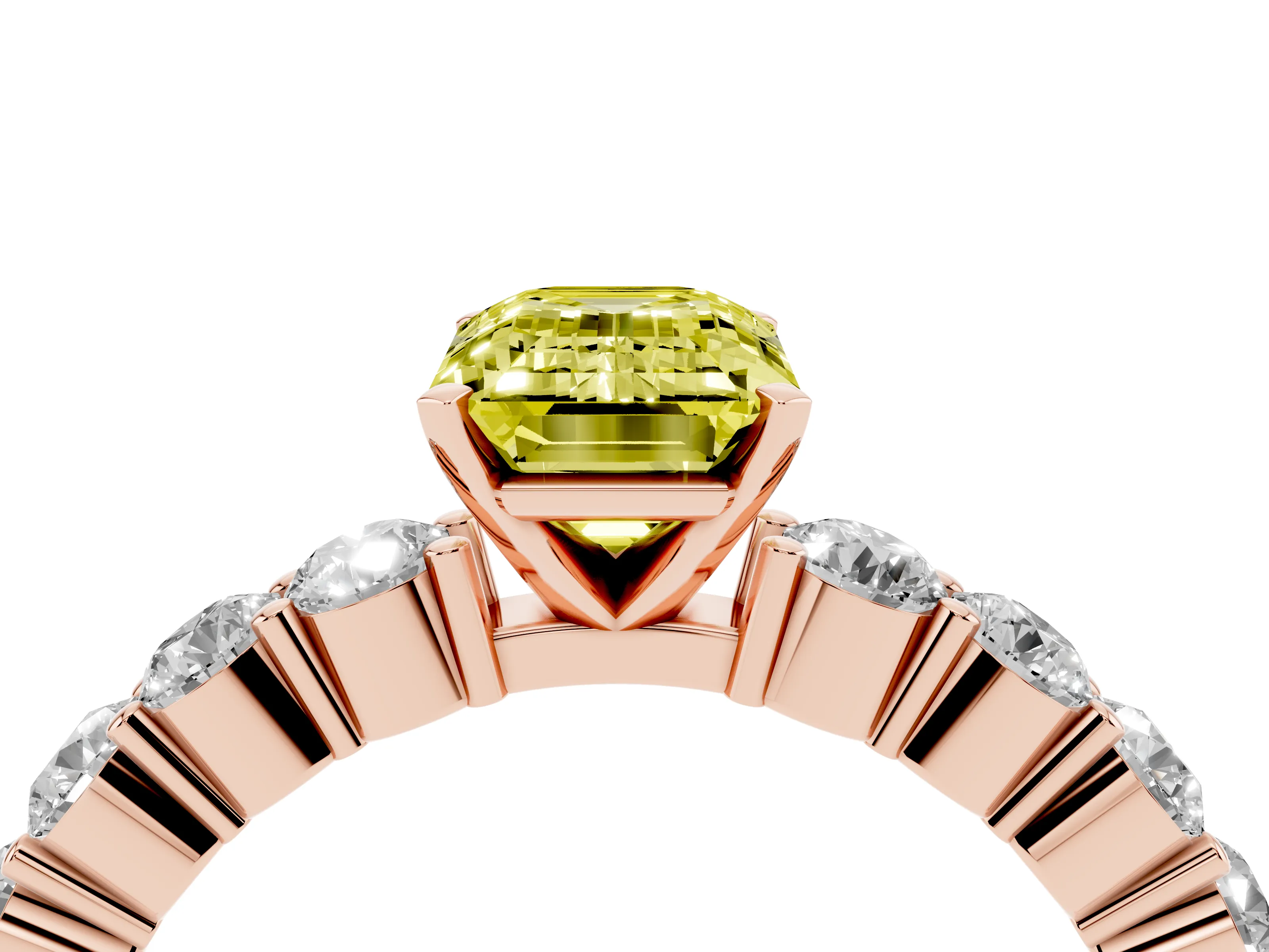 Fancy Yellow Emerald Cut Diamond Solitaire Ring Set in Rose gold with Shared Prong Round Side Stones