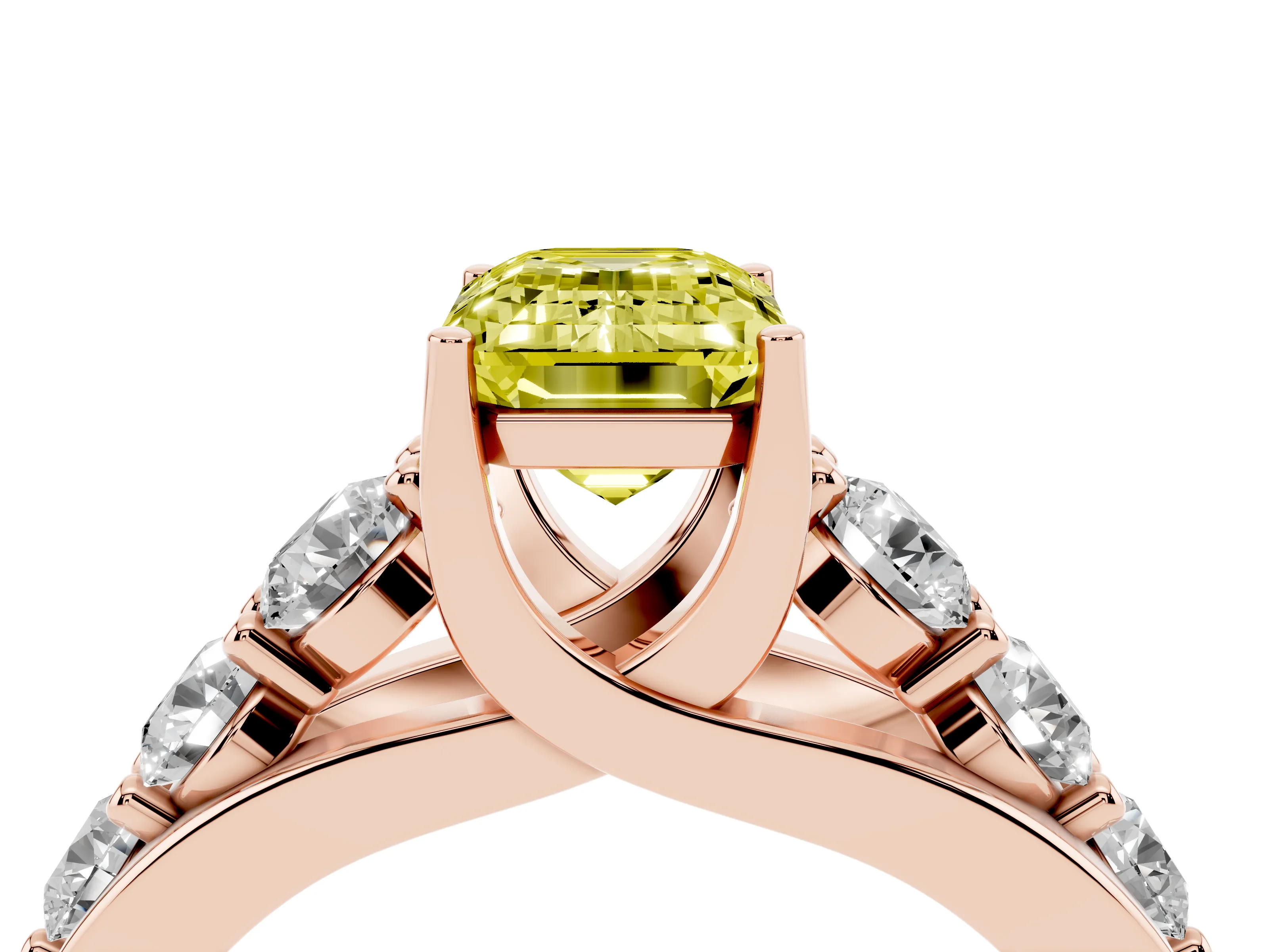 Fancy Yellow Emerald Cut Diamond Pavé Engagement Ring Set in Rose gold with Prong Setting