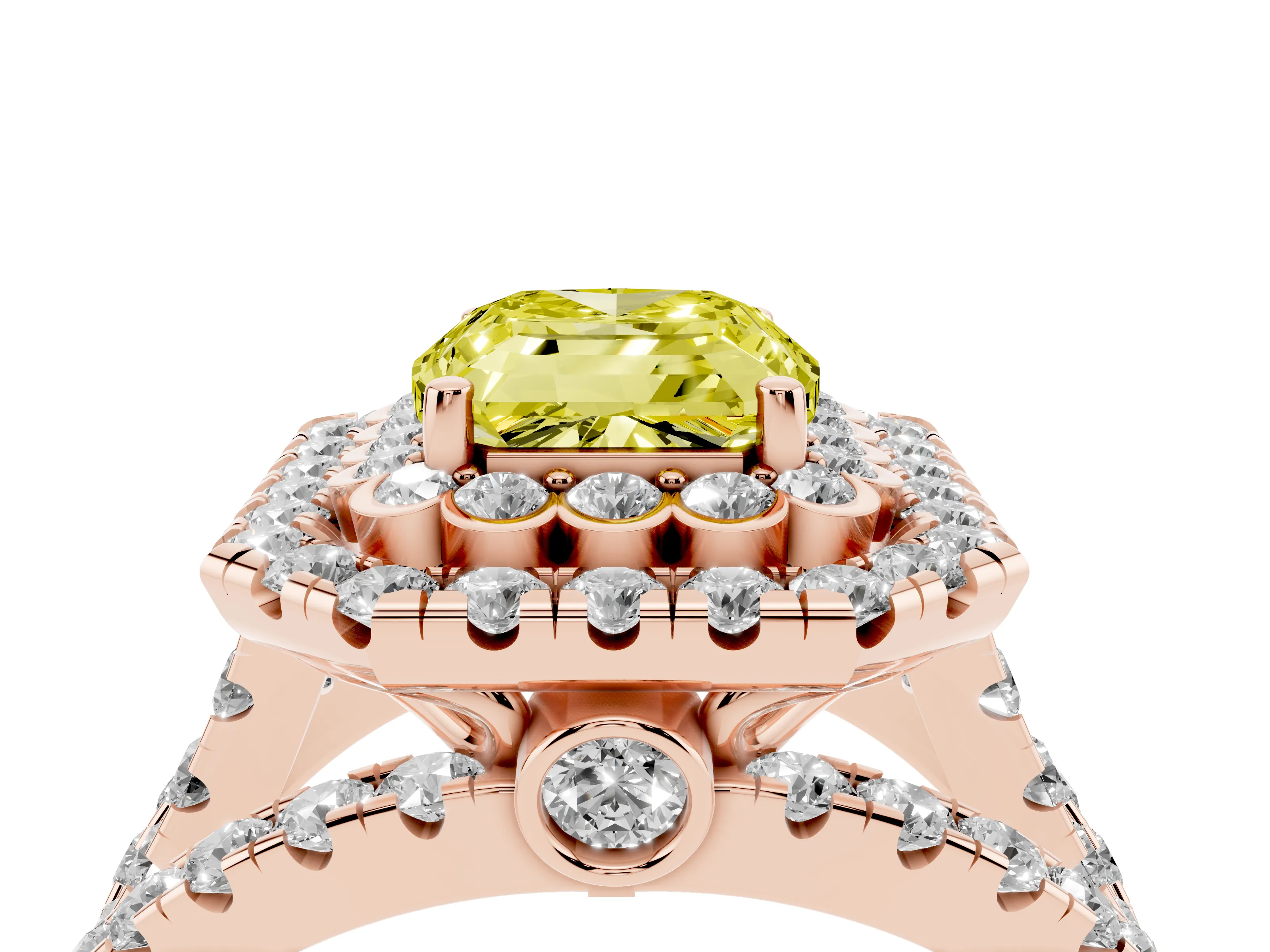 Fancy Yellow Emerald Cut Diamond Double Halo Ring Set in Rose gold with Round Pavé Split Shank