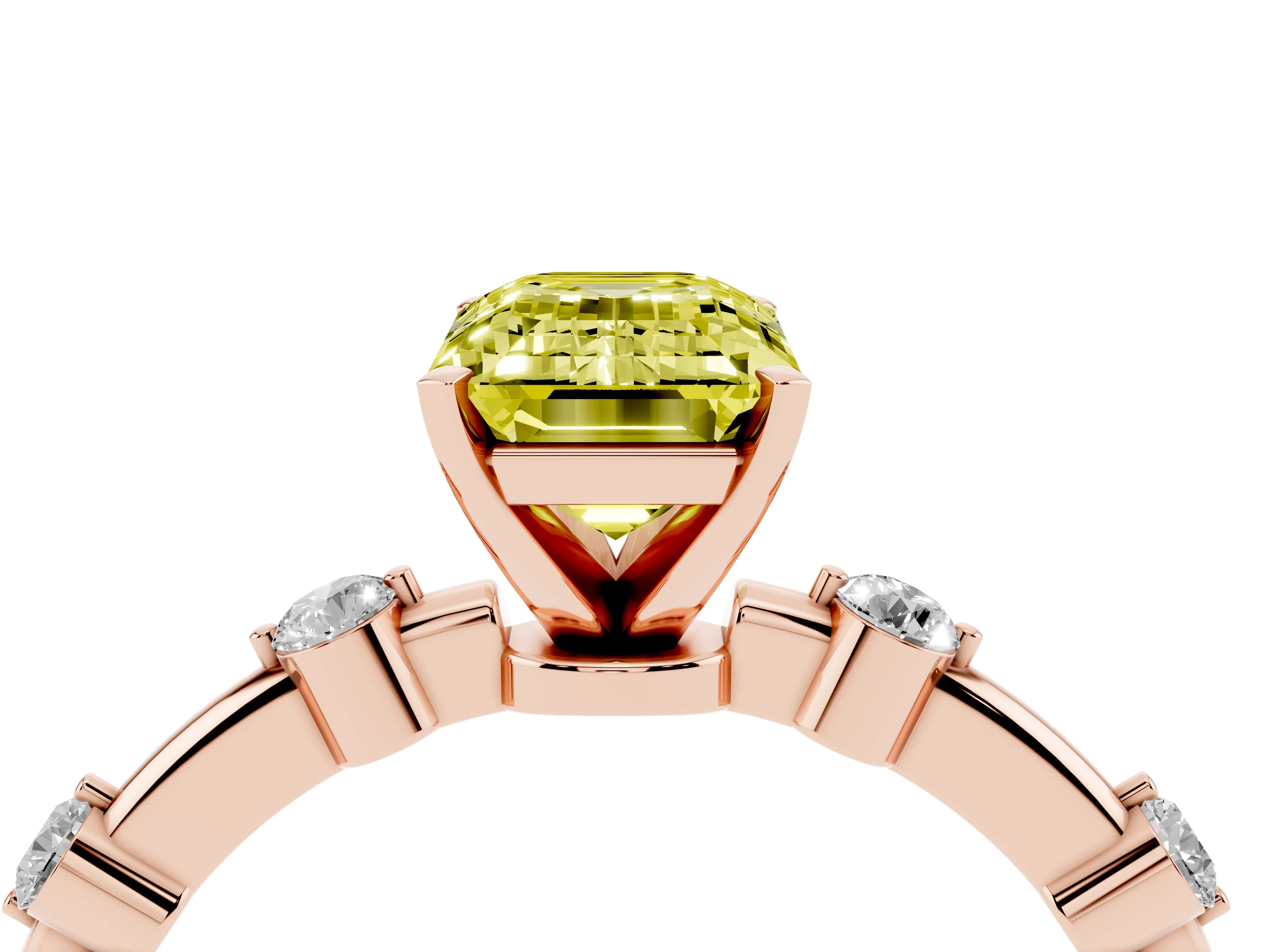 Fancy Yellow Emerald Cut Diamond Solitaire Ring Set in Rose gold with Bezel Set Side Stones and Prong Setting