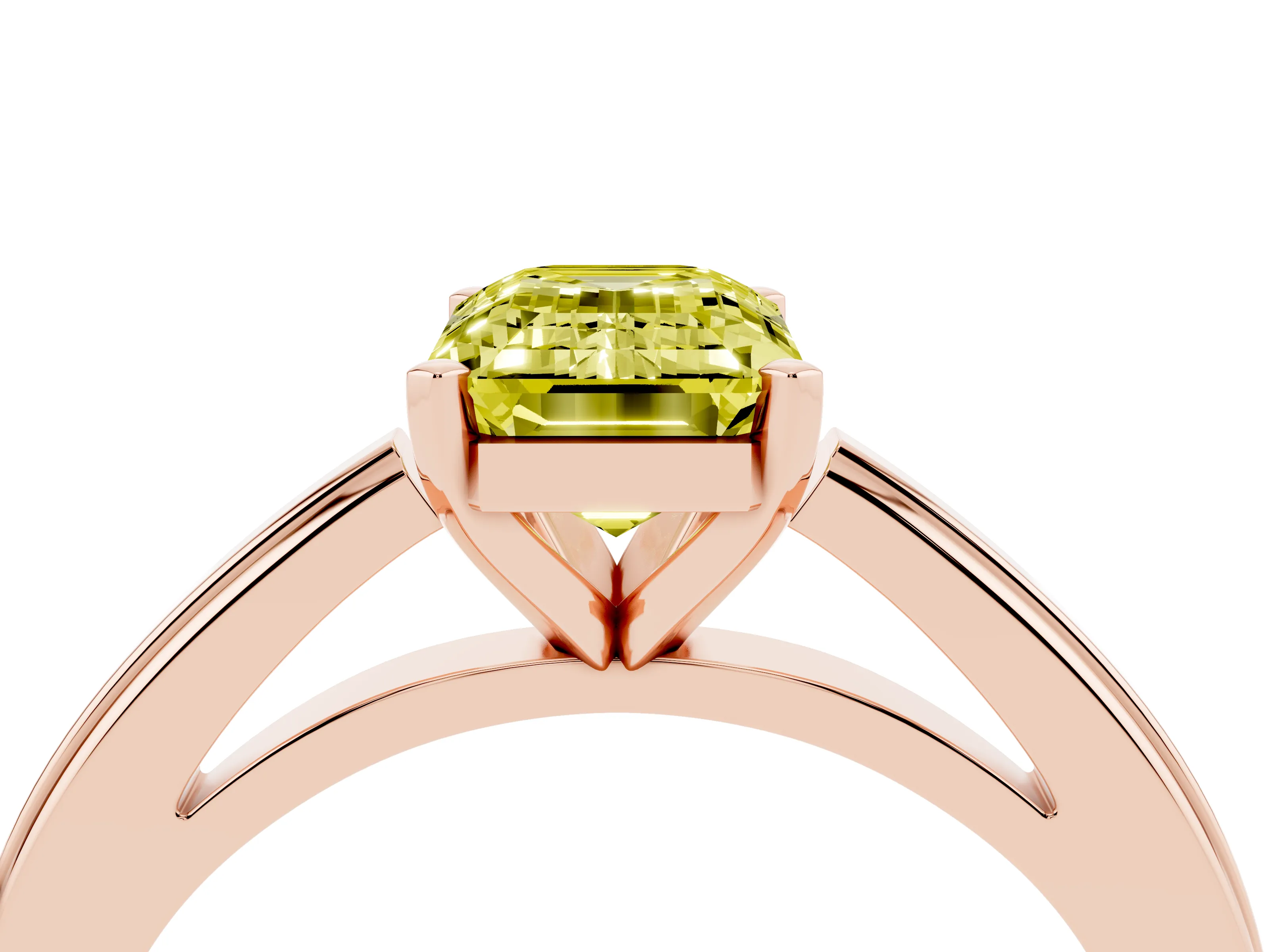 Fancy Yellow Emerald Cut Diamond Solitaire Ring Set in Rose gold with Prong Setting and Classic Band