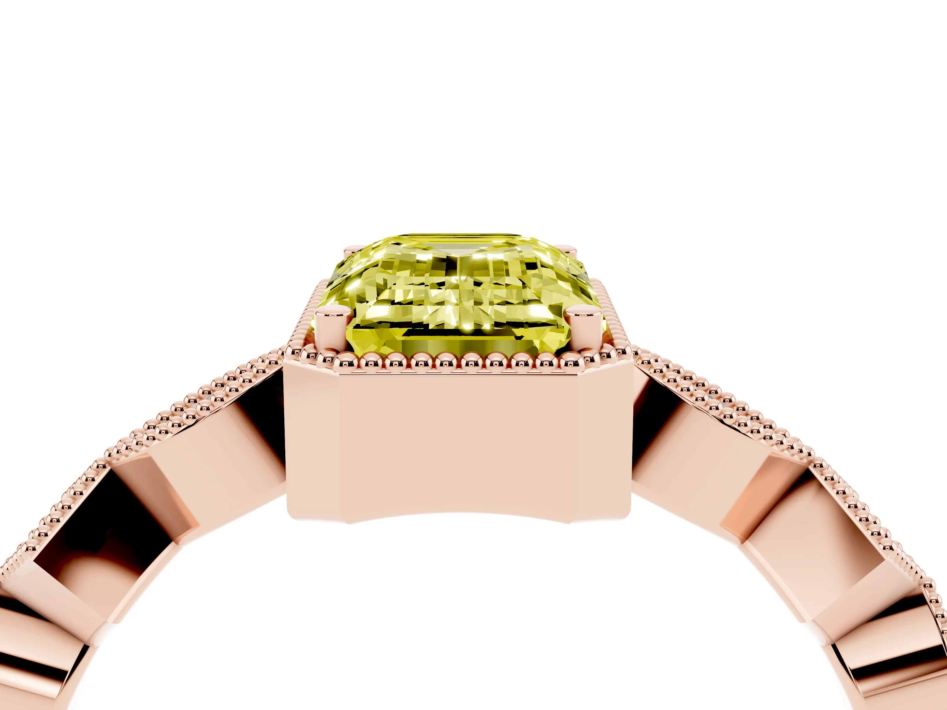 Fancy Yellow Emerald Cut Diamond Milgrain Marquise Twist Band Ring Set in Rose gold with Prong Setting