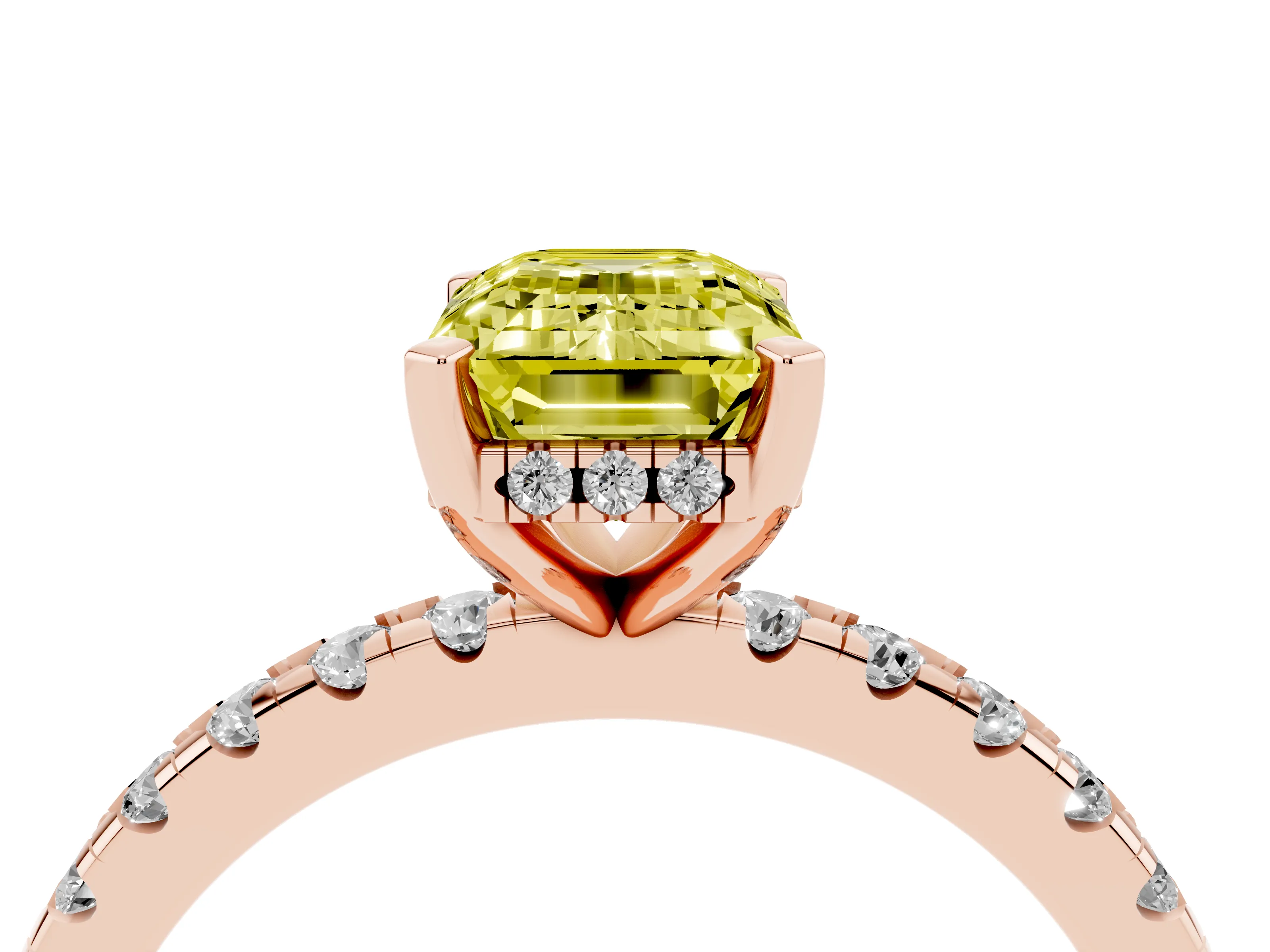 Fancy Yellow Emerald Cut Diamond Pavé Solitaire Ring Set in Rose gold with Round Band Accents and Prong Setting