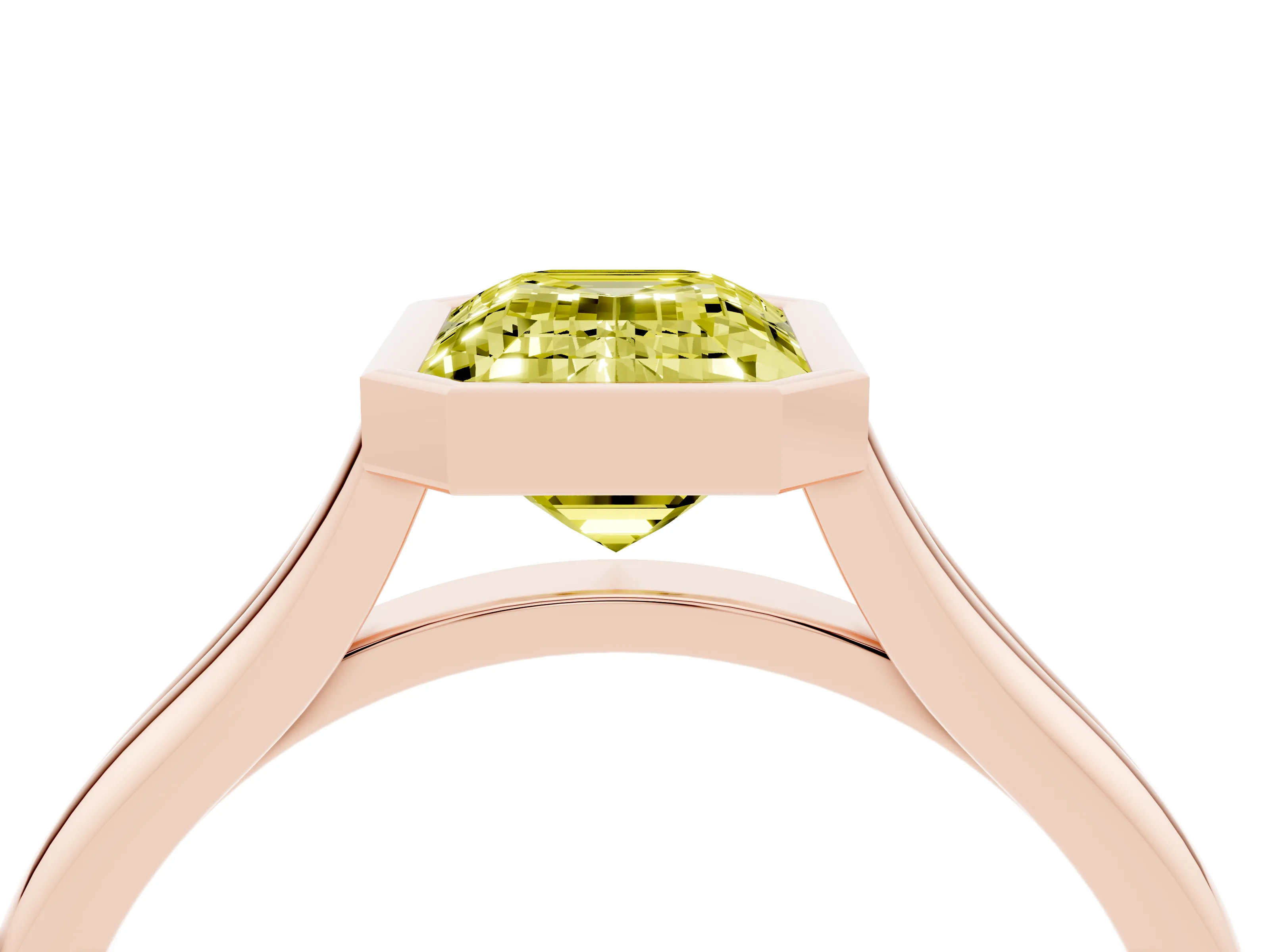 Fancy Yellow Bezel Set Emerald Cut Diamond Solitaire Ring Set in Rose gold with Tapered Band