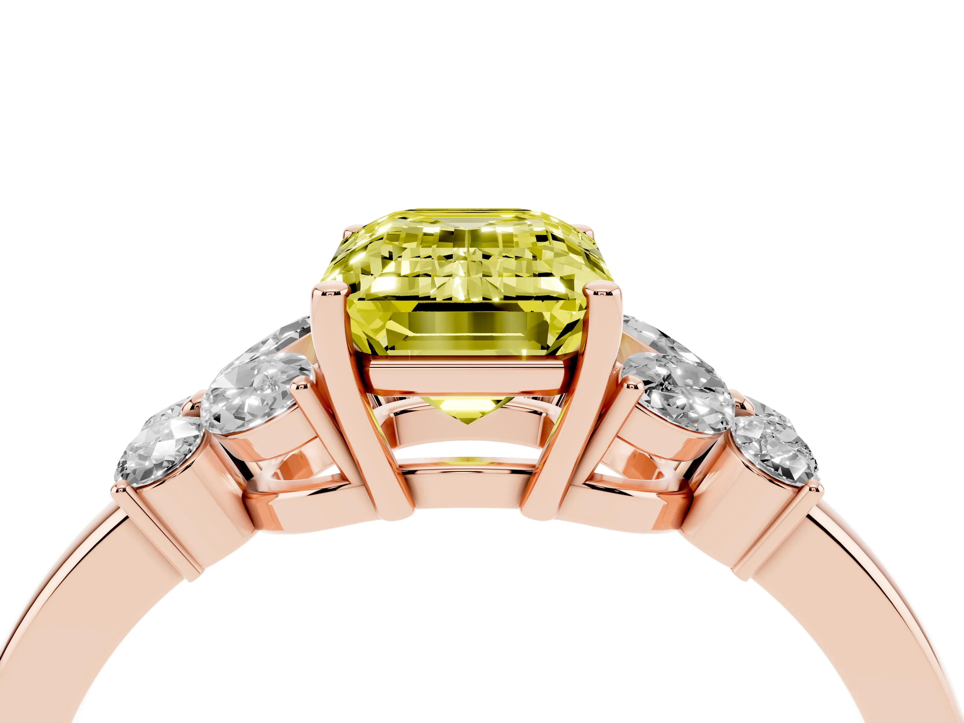Fancy Yellow Emerald Cut Diamond Solitaire Floral Ring Set in Rose gold with Marquise Petals and Prong Setting