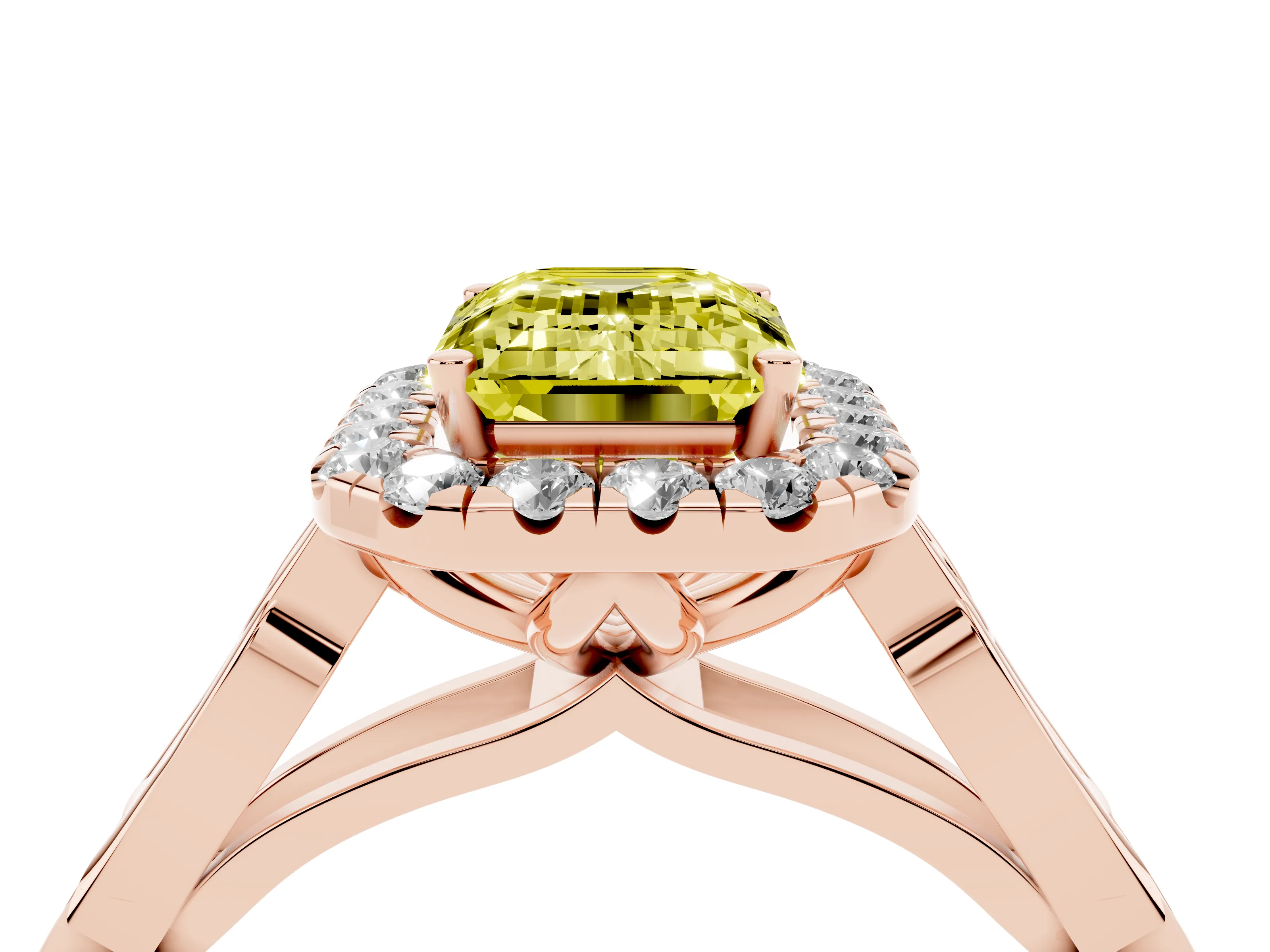 Fancy Yellow Emerald Cut Diamond Halo Engagement Ring Set in Rose gold with Filigree Band and Prong-Set Center