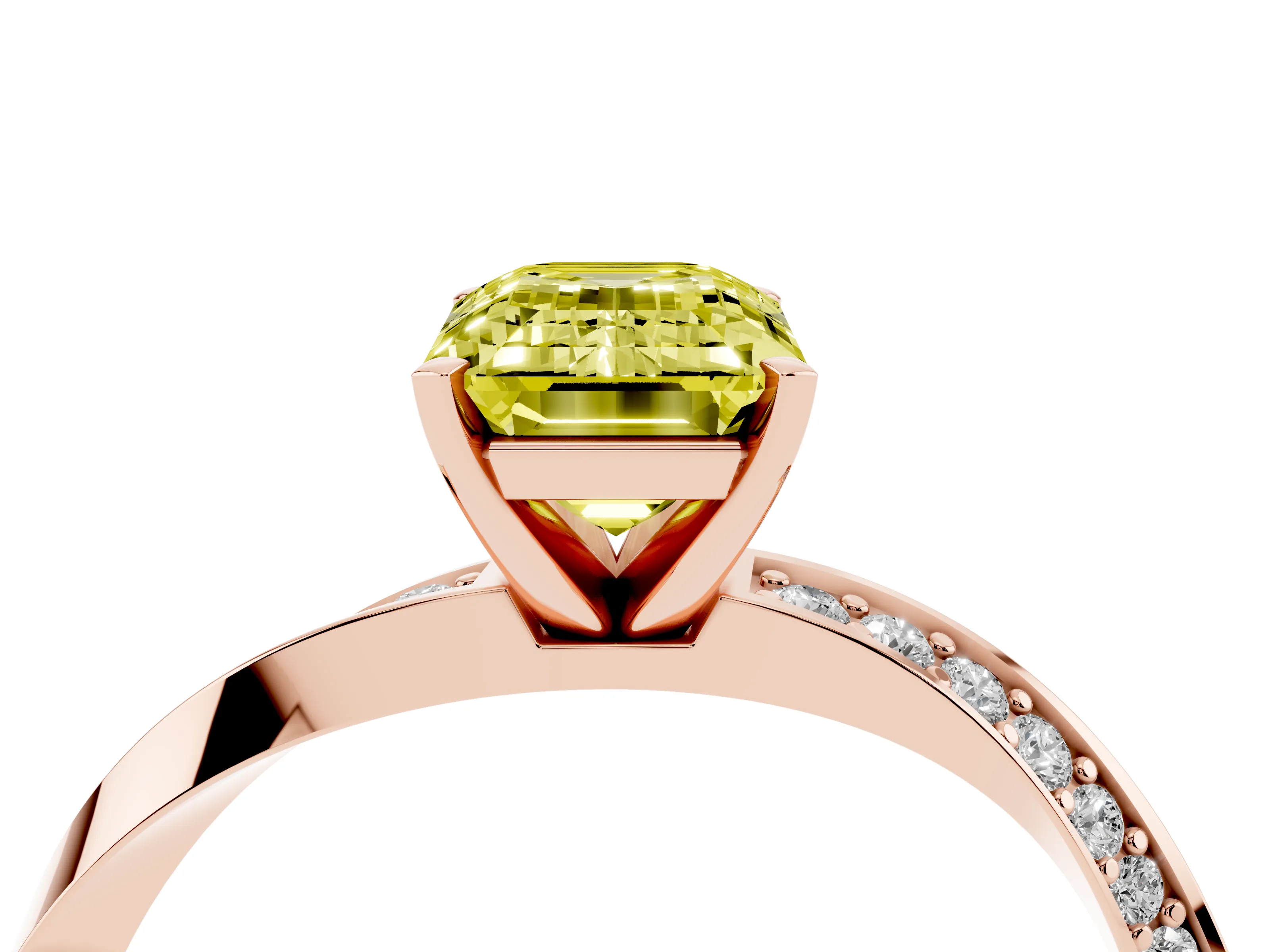 Fancy Yellow Emerald Cut Diamond Engagement Ring Set in Rose gold with Side Stone Accents and Prong Setting