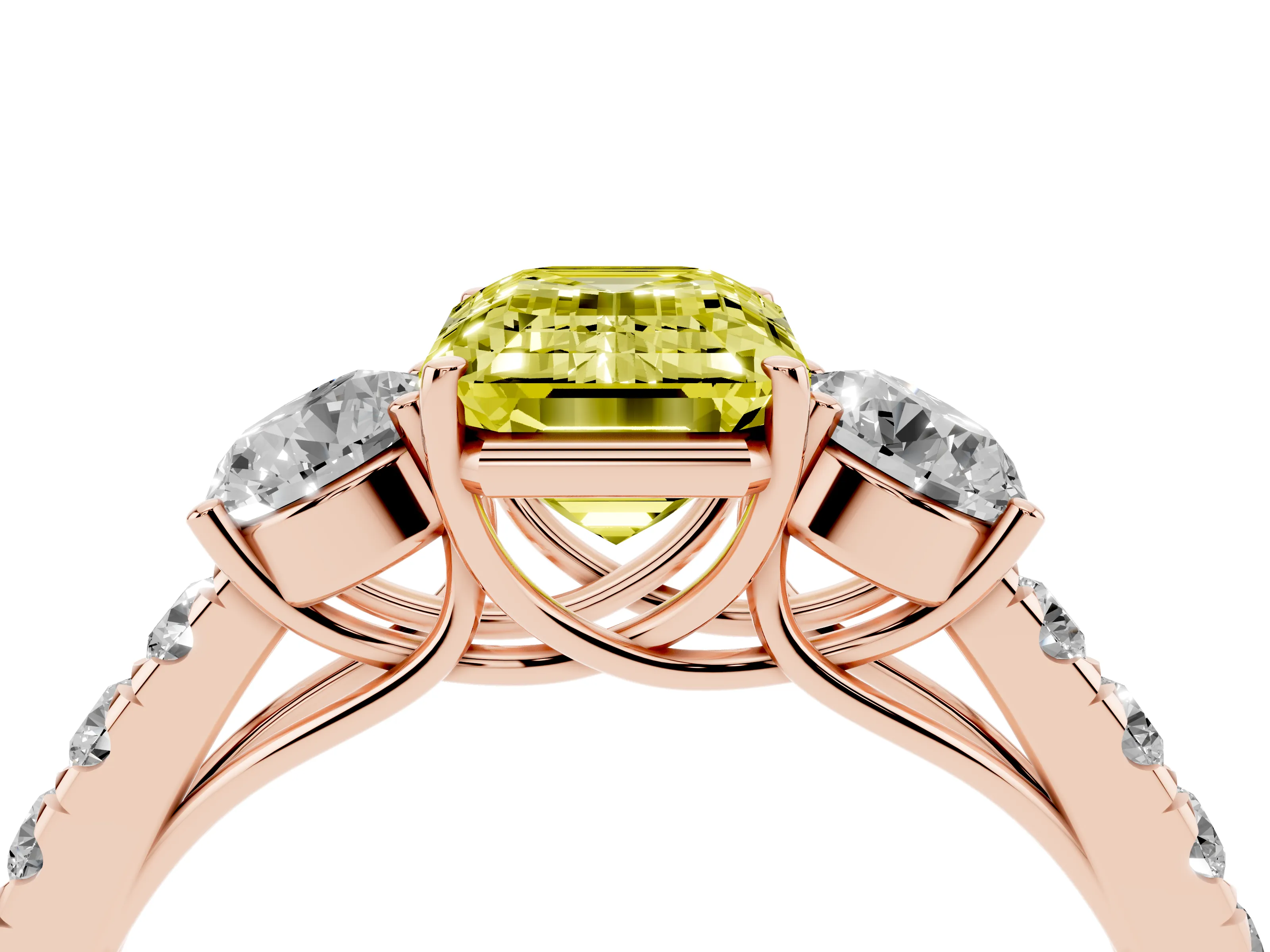 Fancy Yellow Emerald Cut Diamond Three-Stone Ring Set in Rose gold with Round Side Stones and Delicate Pavé Band