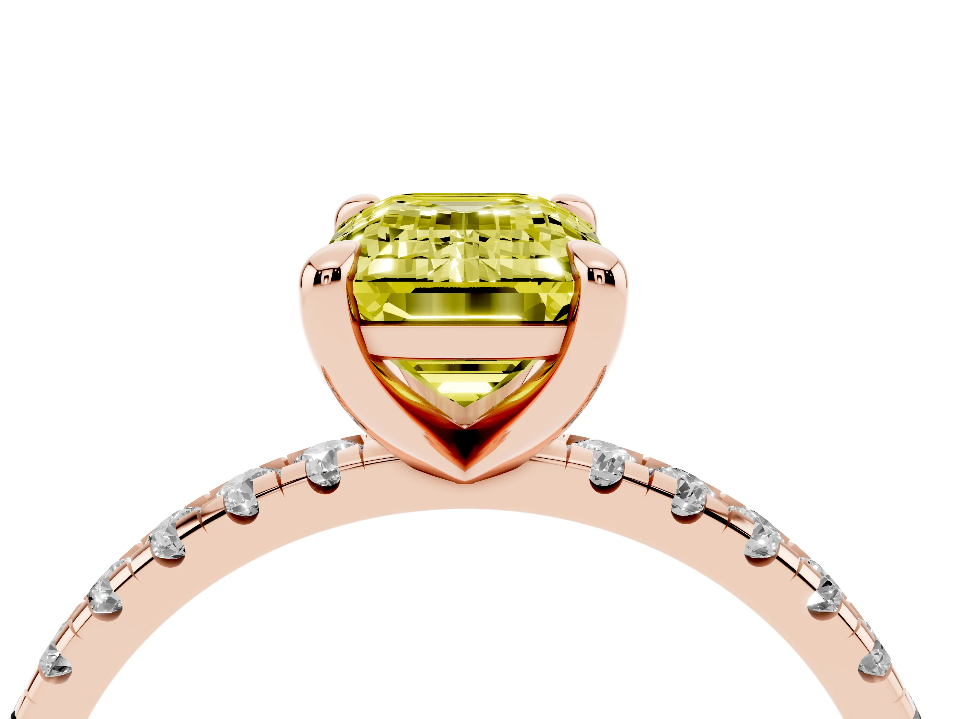 Fancy Yellow Emerald Cut Diamond Brilliant Solitaire Ring Set in Rose gold with Pavé Band and Prong Setting