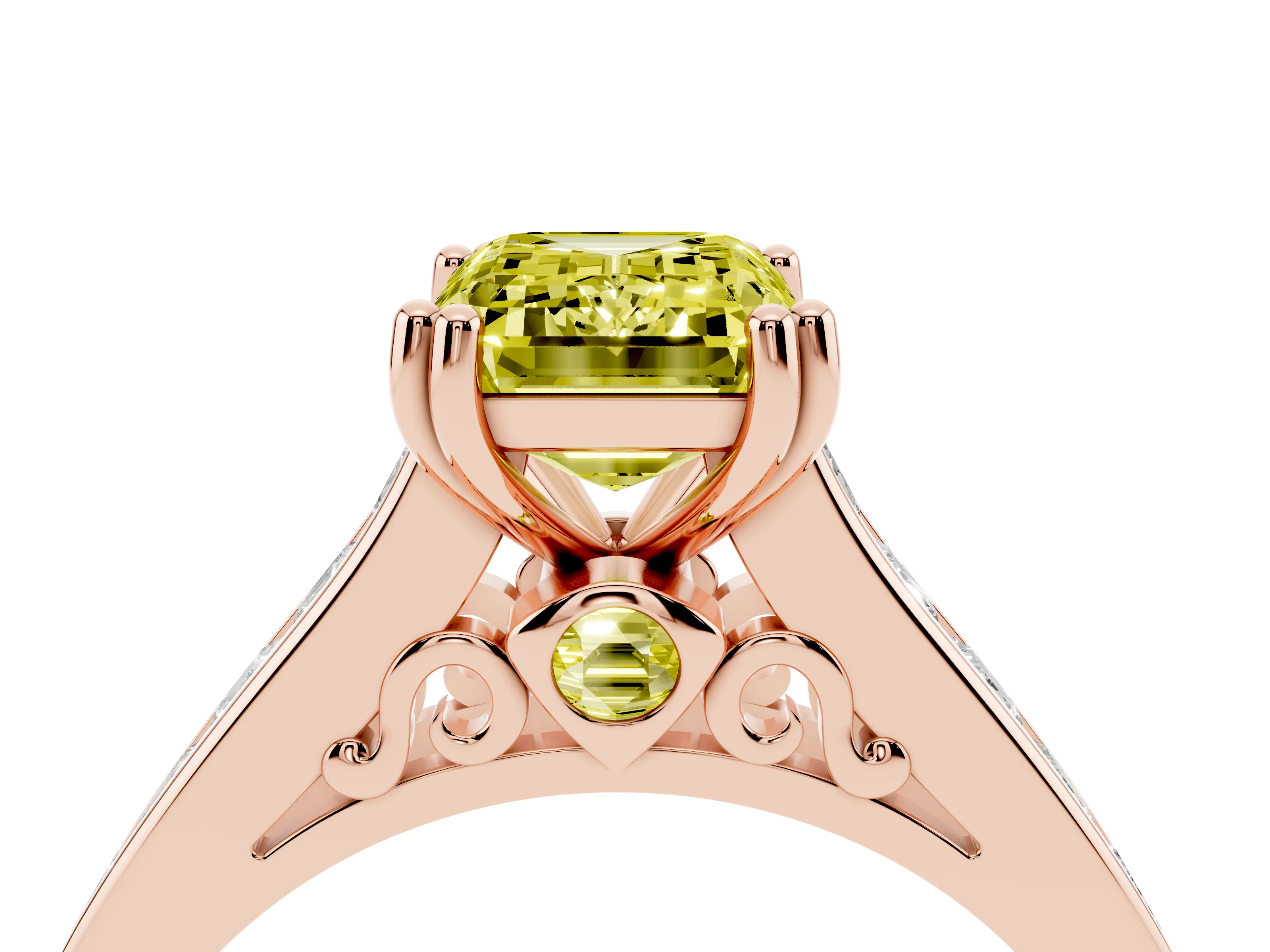 Fancy Yellow Emerald Cut Diamond Channel Set Solitaire Engagement Ring Set in Rose gold with Prong Setting