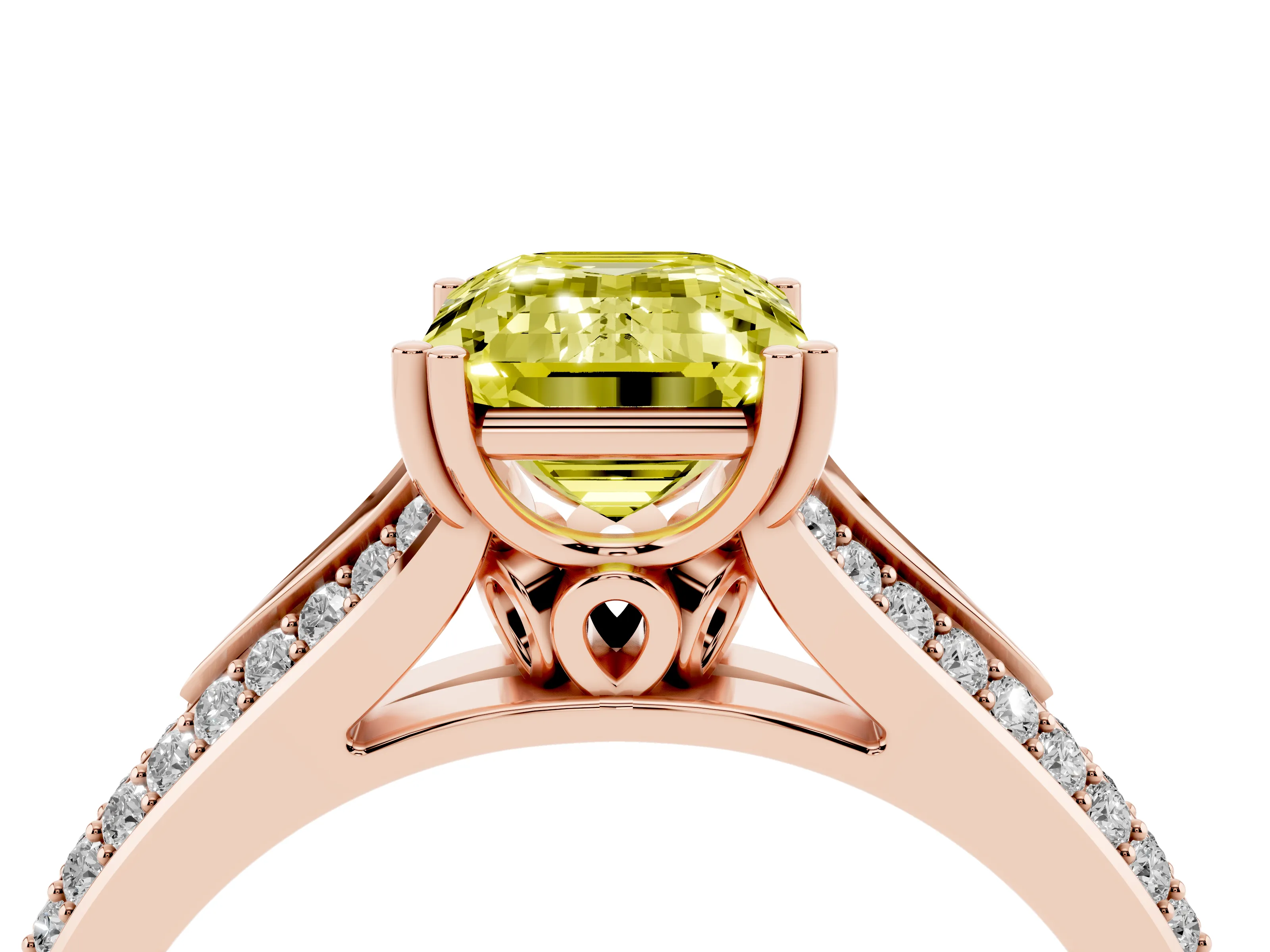 Fancy Yellow Emerald Cut Diamond Split Shank Pavé Engagement Ring Set in Rose gold with Prong-Set Center Stone