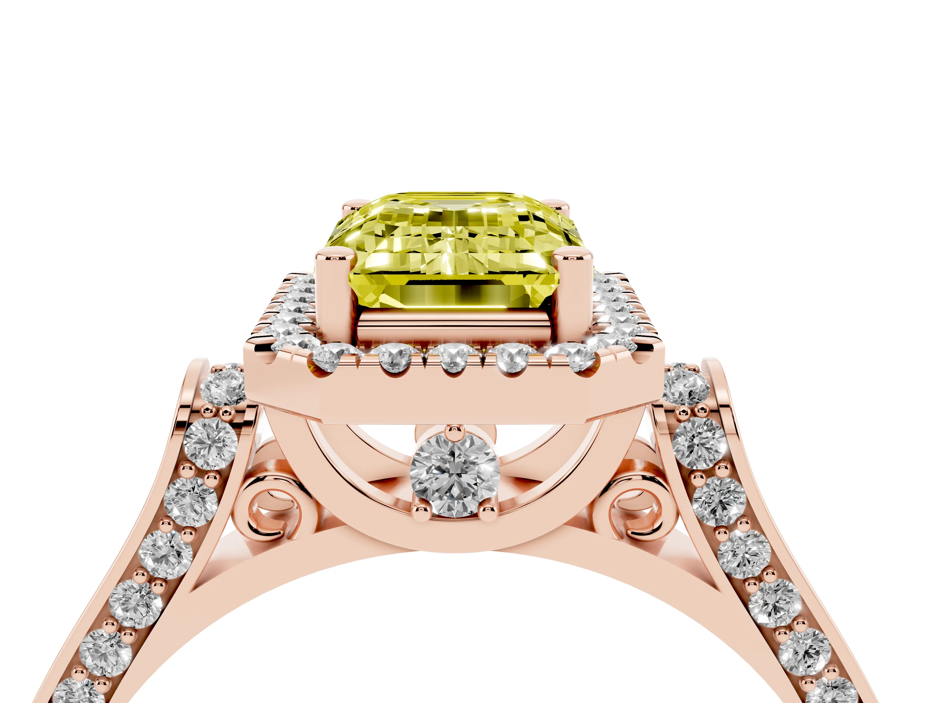 Fancy Yellow Emerald Cut Diamond Halo Ring Set in Rose gold with Pavé-Lined Split Shank Band