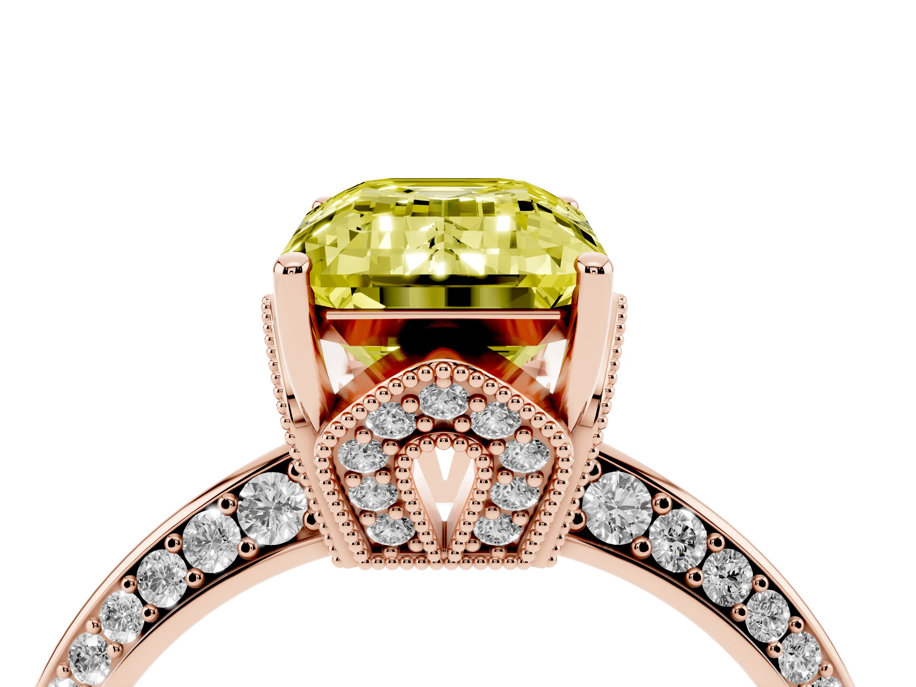 Fancy Yellow Emerald Cut Diamond Solitaire Engagement Ring Set in Rose gold with Pavé Split Shank and Prong Setting