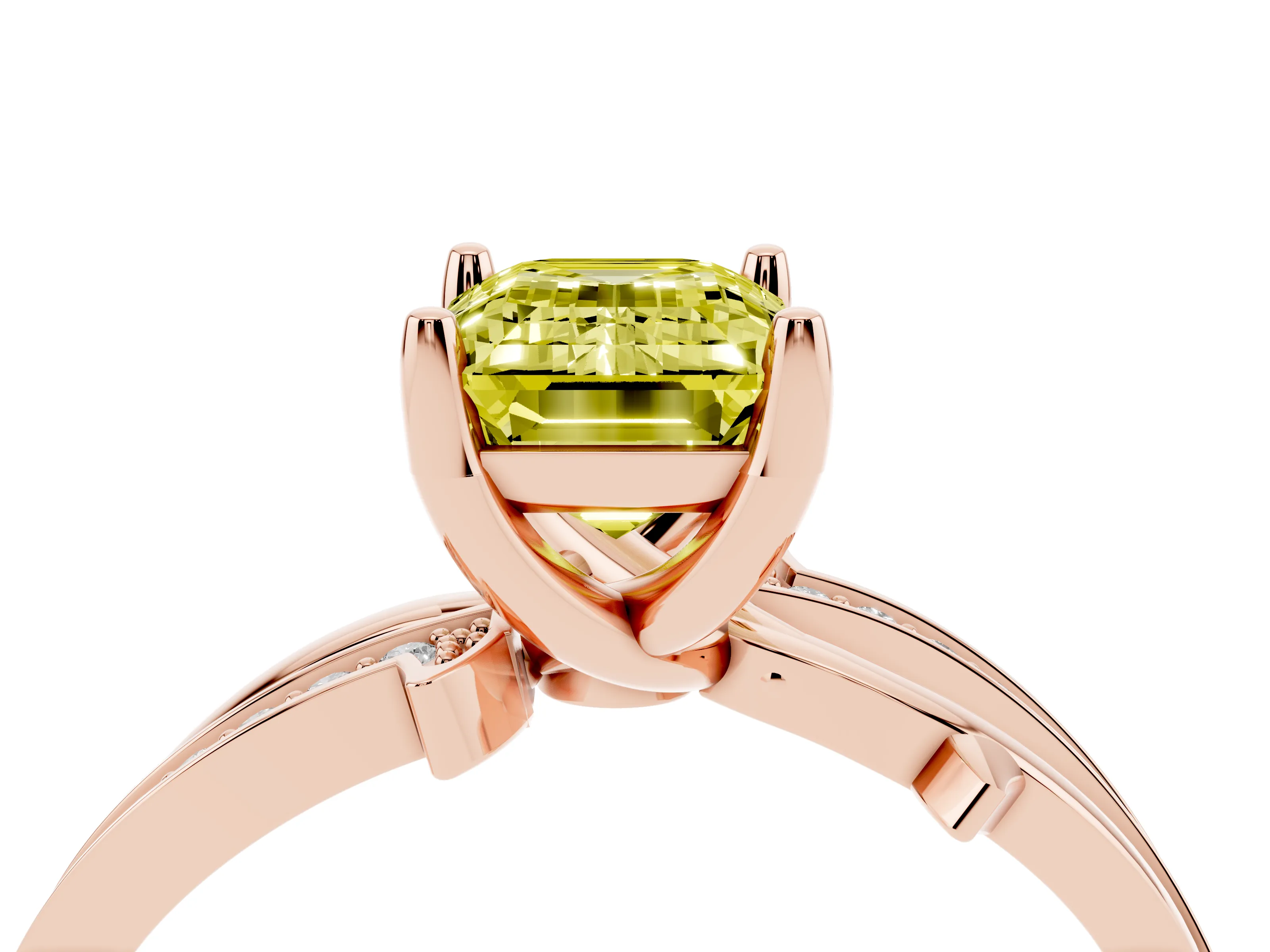 Fancy Yellow Emerald Cut Diamond Pavé Twist Band Solitaire Ring Set in Rose gold with Prong Setting