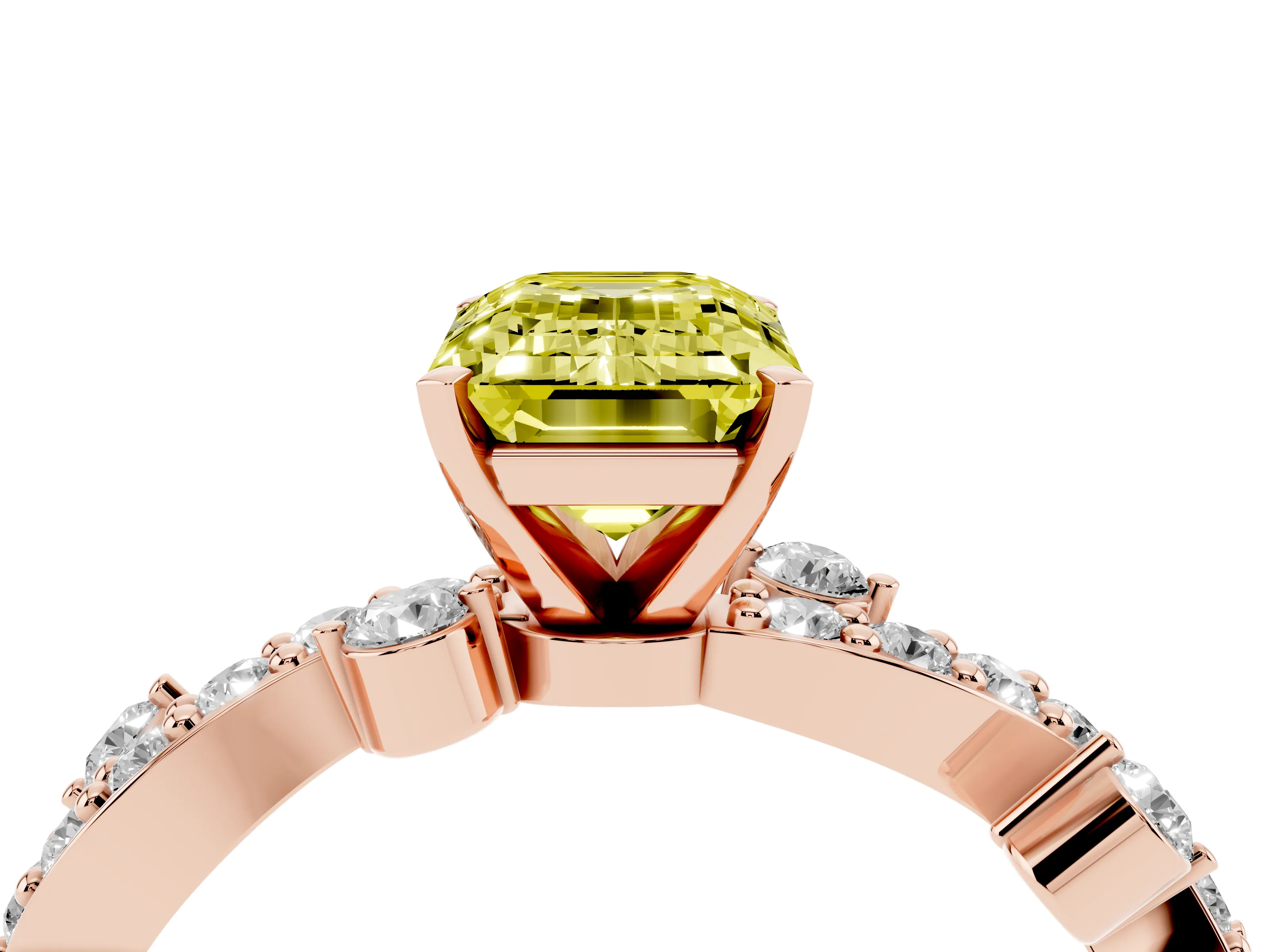 Fancy Yellow Emerald Cut Diamond Solitaire Twisted Band Set in Rose gold with Pavé Setting
