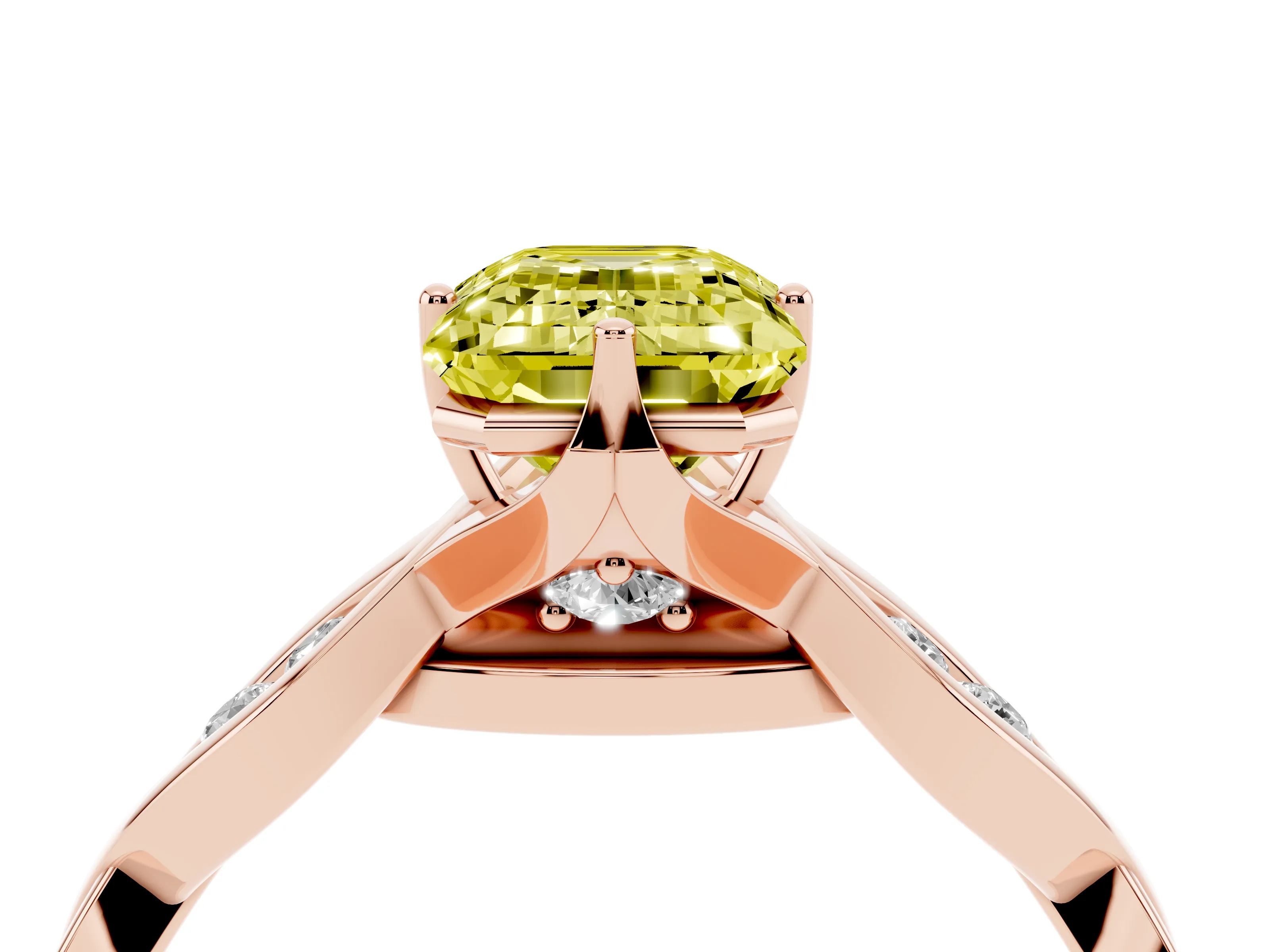 Fancy Yellow Emerald Cut Diamond Twist Band Solitaire Ring Set in Rose gold with Leaf Prong Setting and Accent Stones