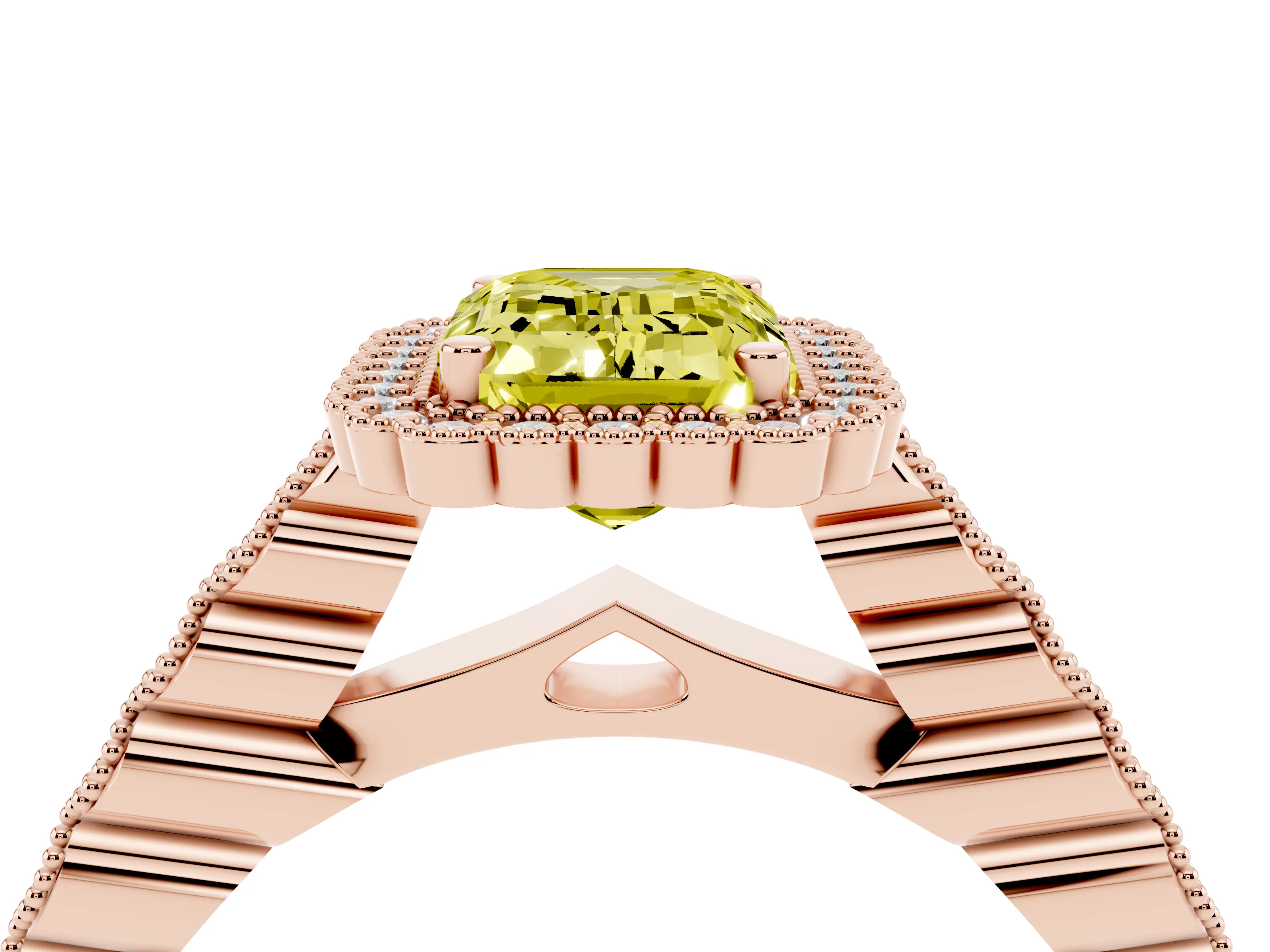 Fancy Yellow Emerald Cut Diamond Halo Ring Set in Rose gold with Pavé Milgrain Band