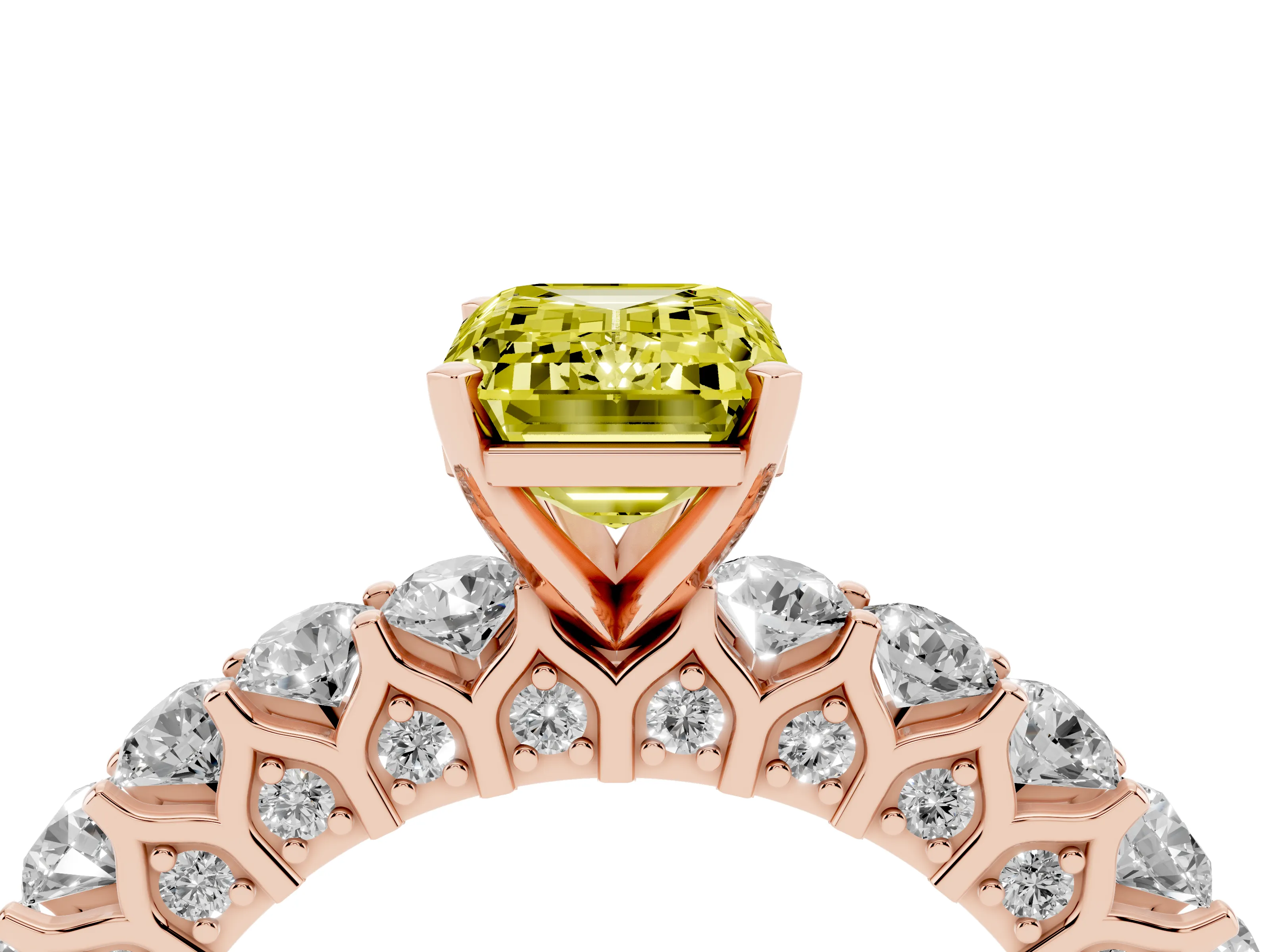 Fancy Yellow Emerald Cut Diamond Solitaire Ring Set in Rose gold with Shared Prong Pavé Band