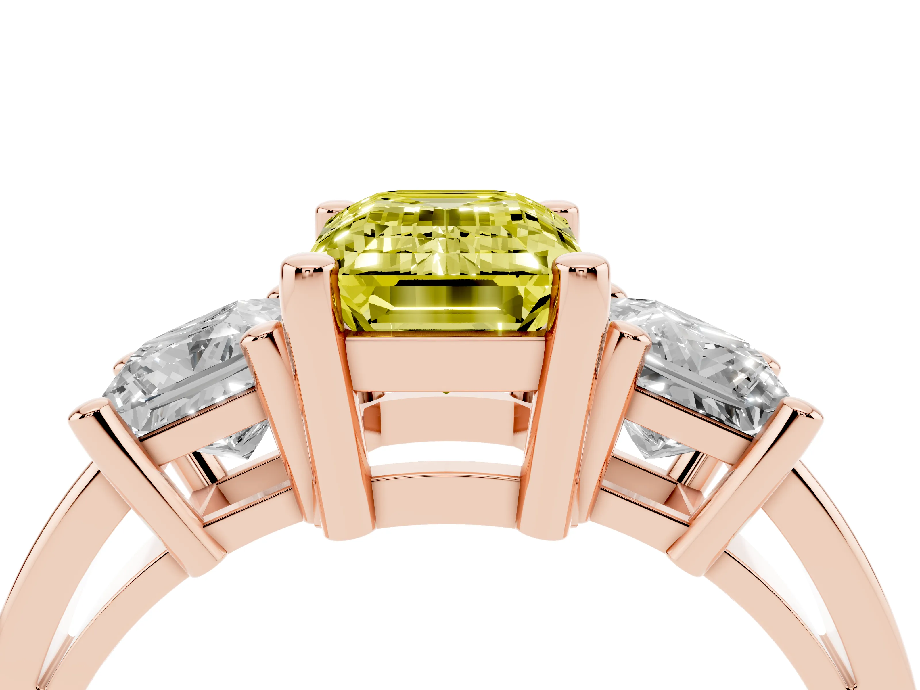 Fancy Yellow Three-Stone Emerald Cut Diamond Solitaire Ring Set in Rose gold with Prong Setting