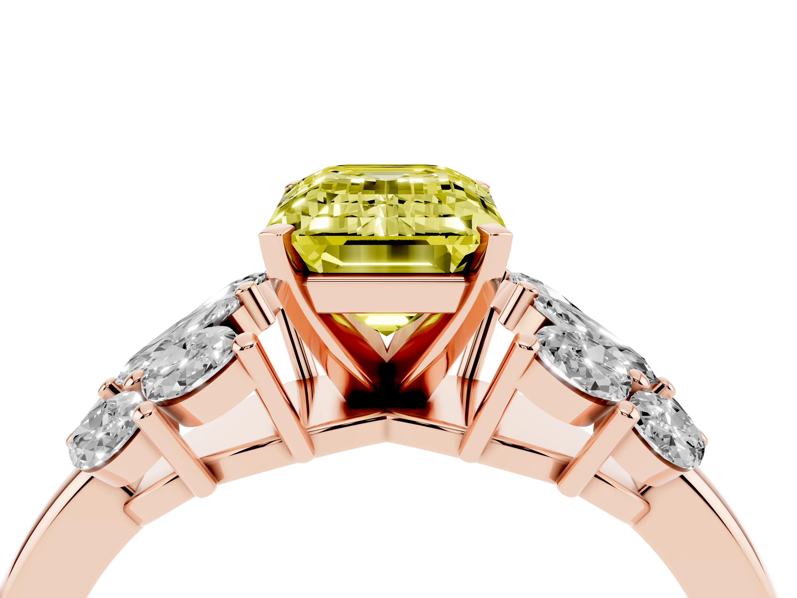 Fancy Yellow Emerald Cut Diamond Cluster Leaf Design Ring Set in Rose gold with Prong Setting