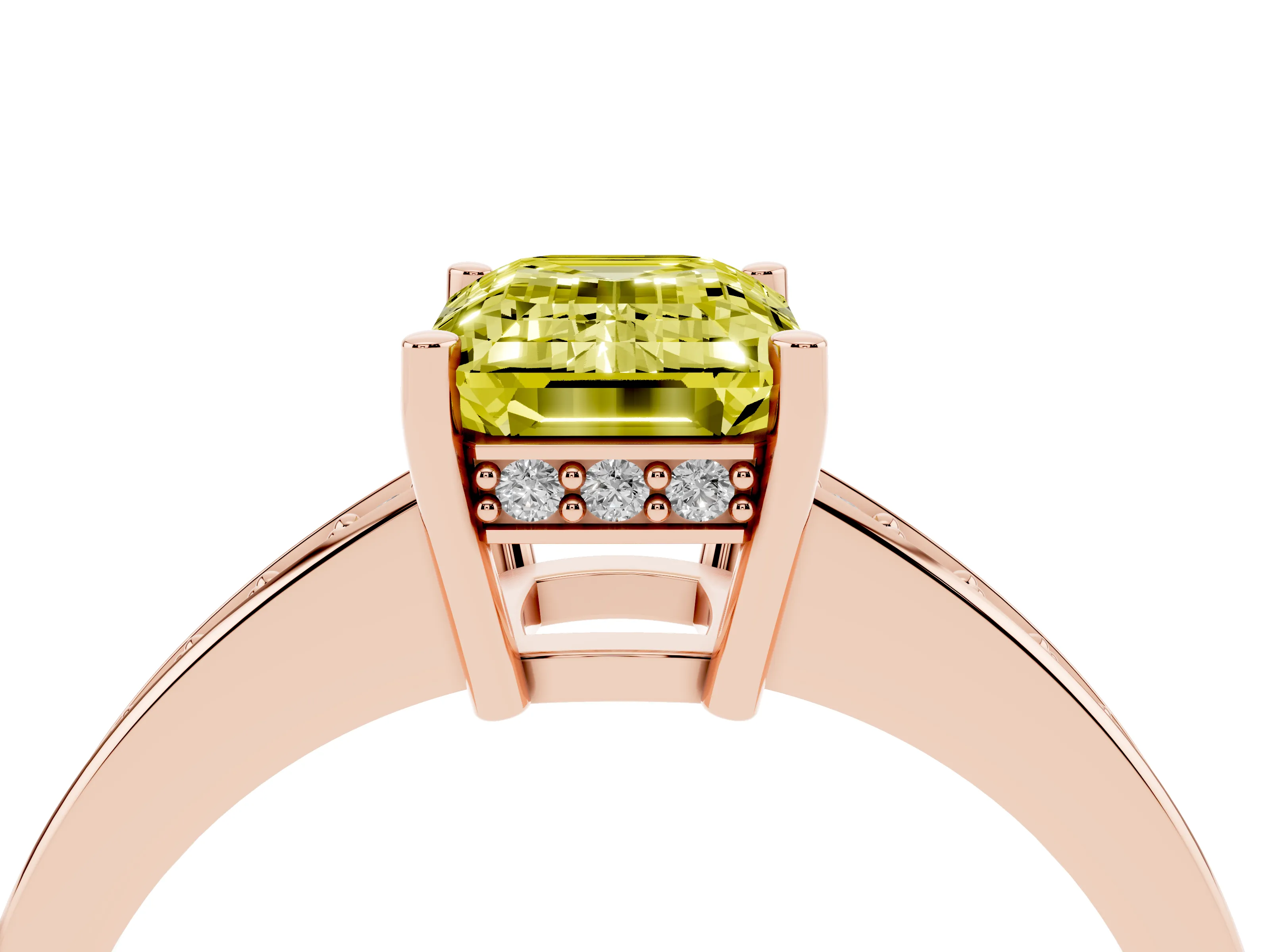 Fancy Yellow Emerald Cut Diamond Pavé Band Prong Set Solitaire Ring Set in Rose gold