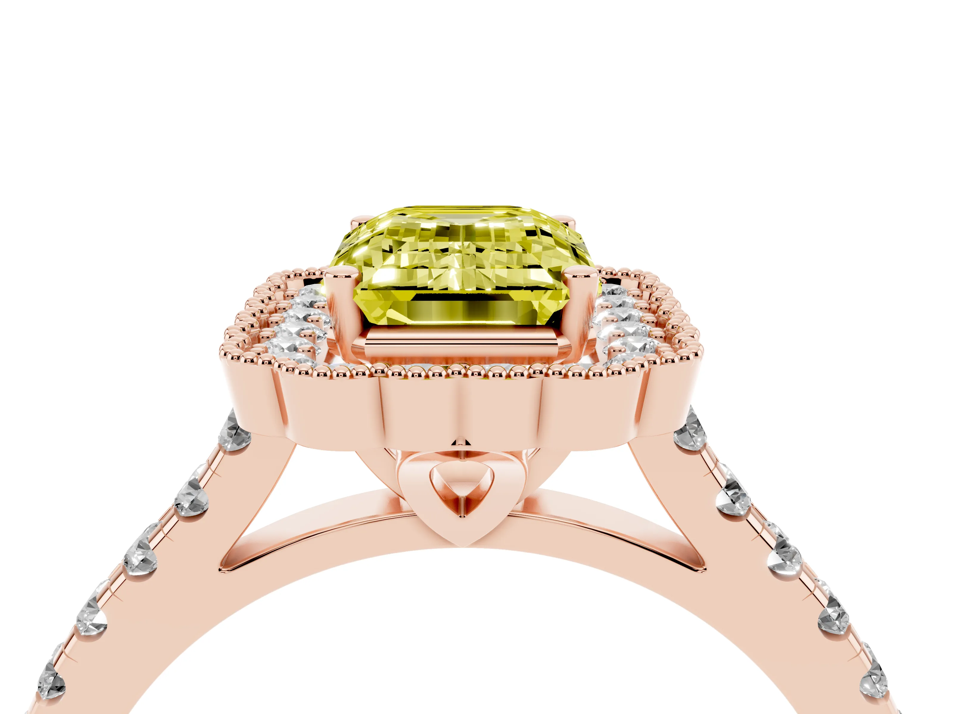 Fancy Yellow Emerald Cut Diamond Milgrain Floral Halo Engagement Ring Set in Rose gold with Pavé Band