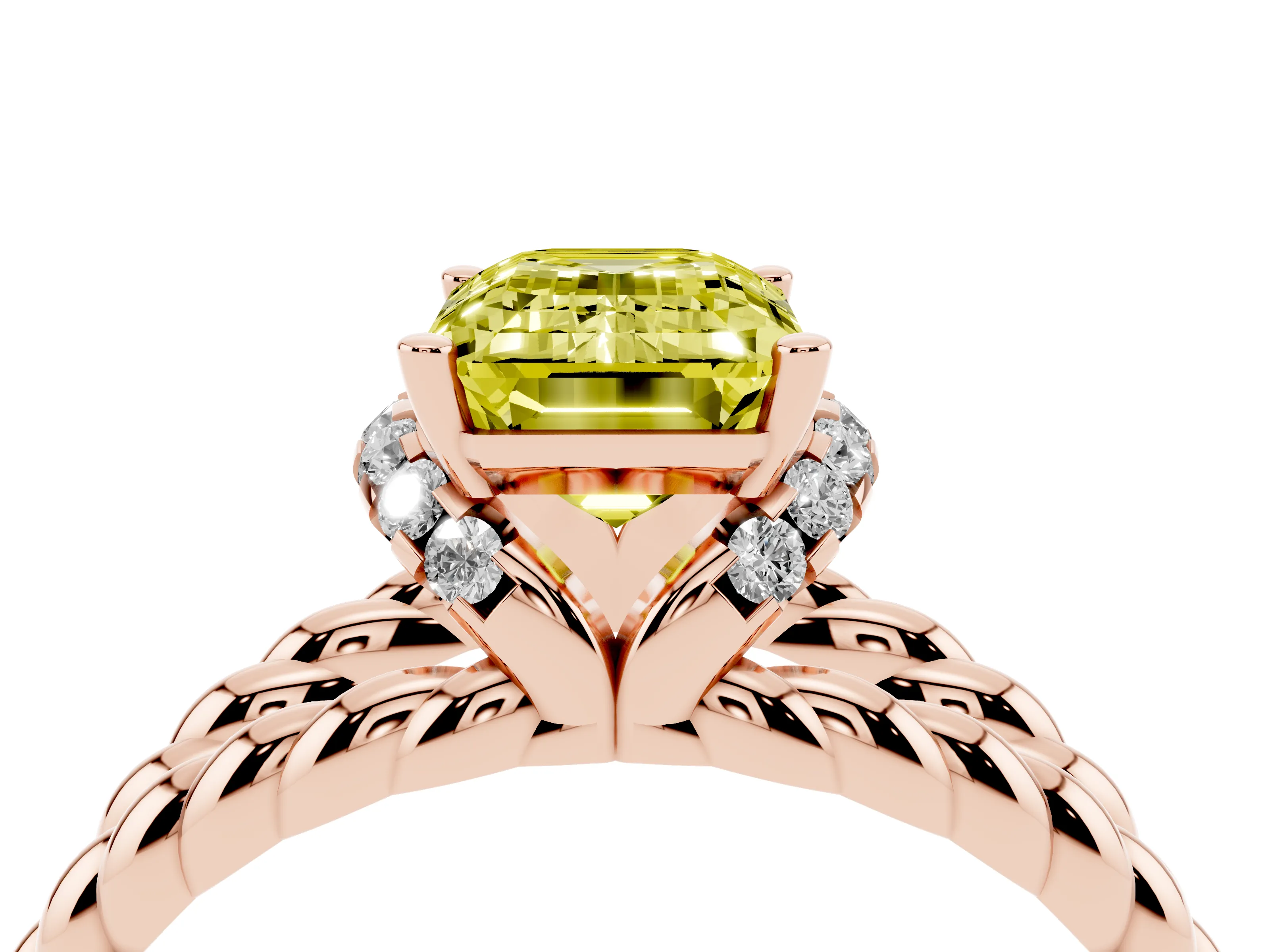 Fancy Yellow Emerald Cut Diamond Halo Ring Set in Rose gold with Twisted Band and Prong Setting