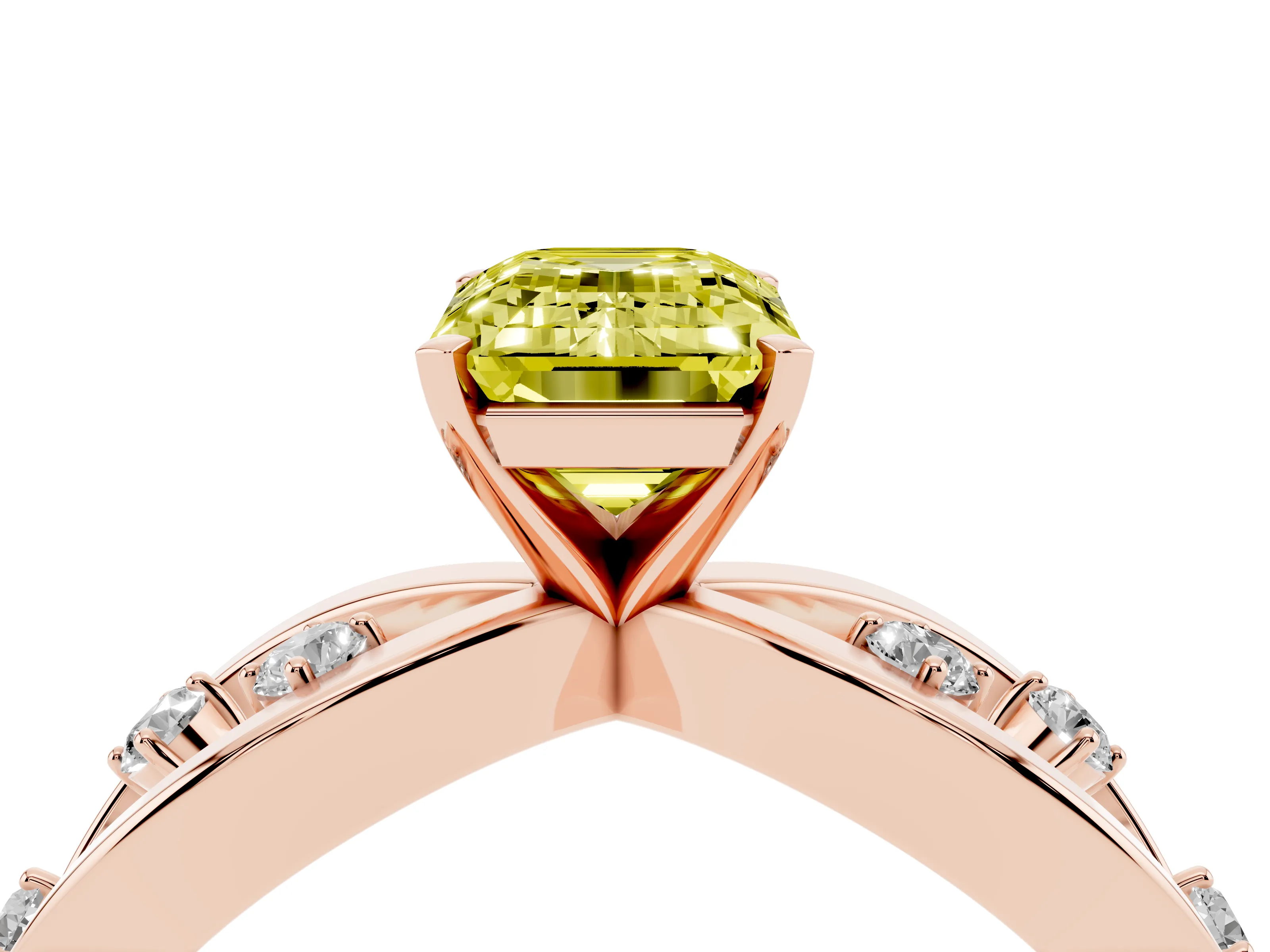 Fancy Yellow Emerald Cut Diamond Solitaire Ring Set in Rose gold with Side Stones on Criss-Cross Band and Prong Setting