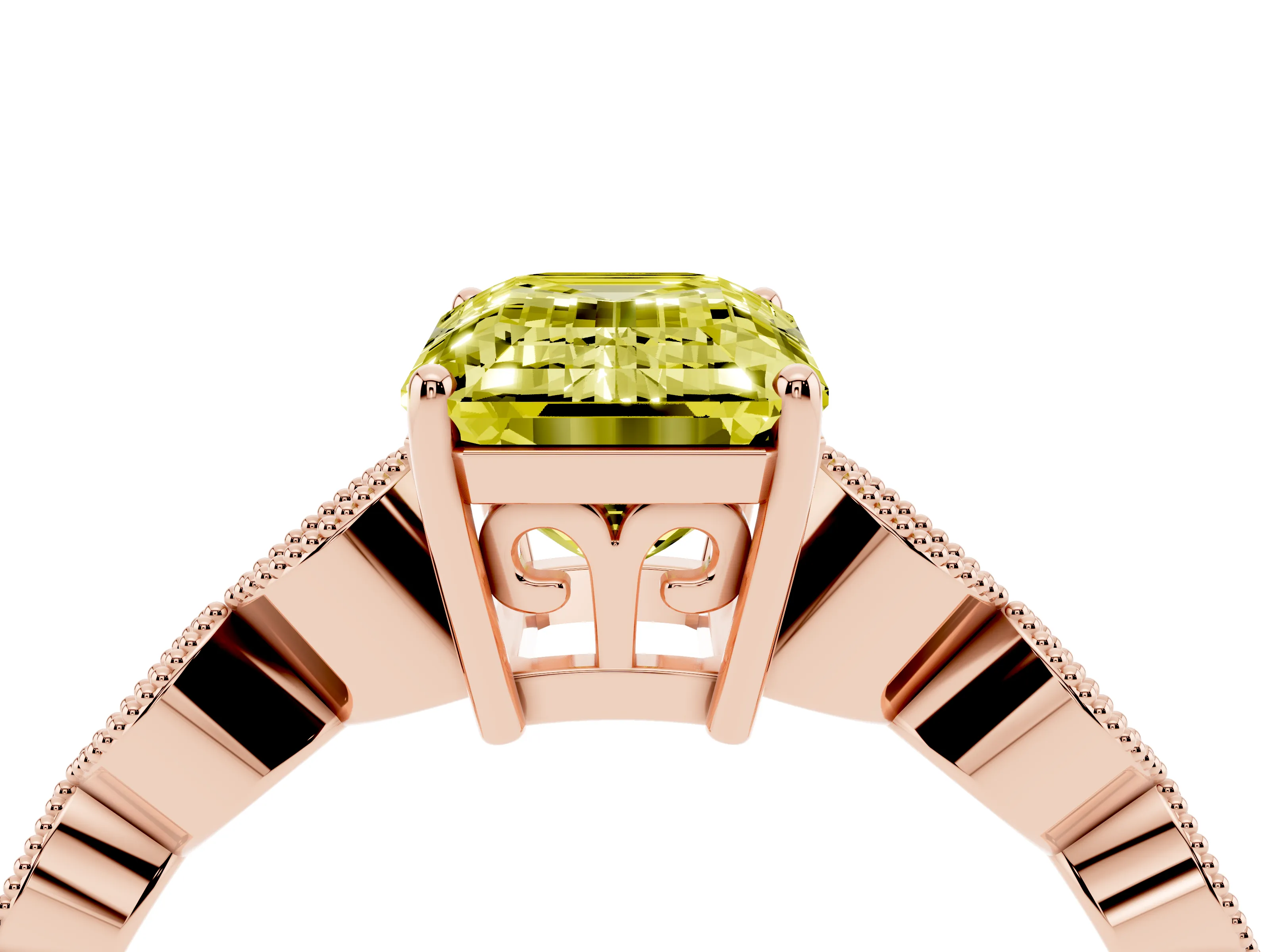 Fancy Yellow Emerald Cut Diamond Solitaire Ring Set in Rose gold with Infinity Twist Pavé Band