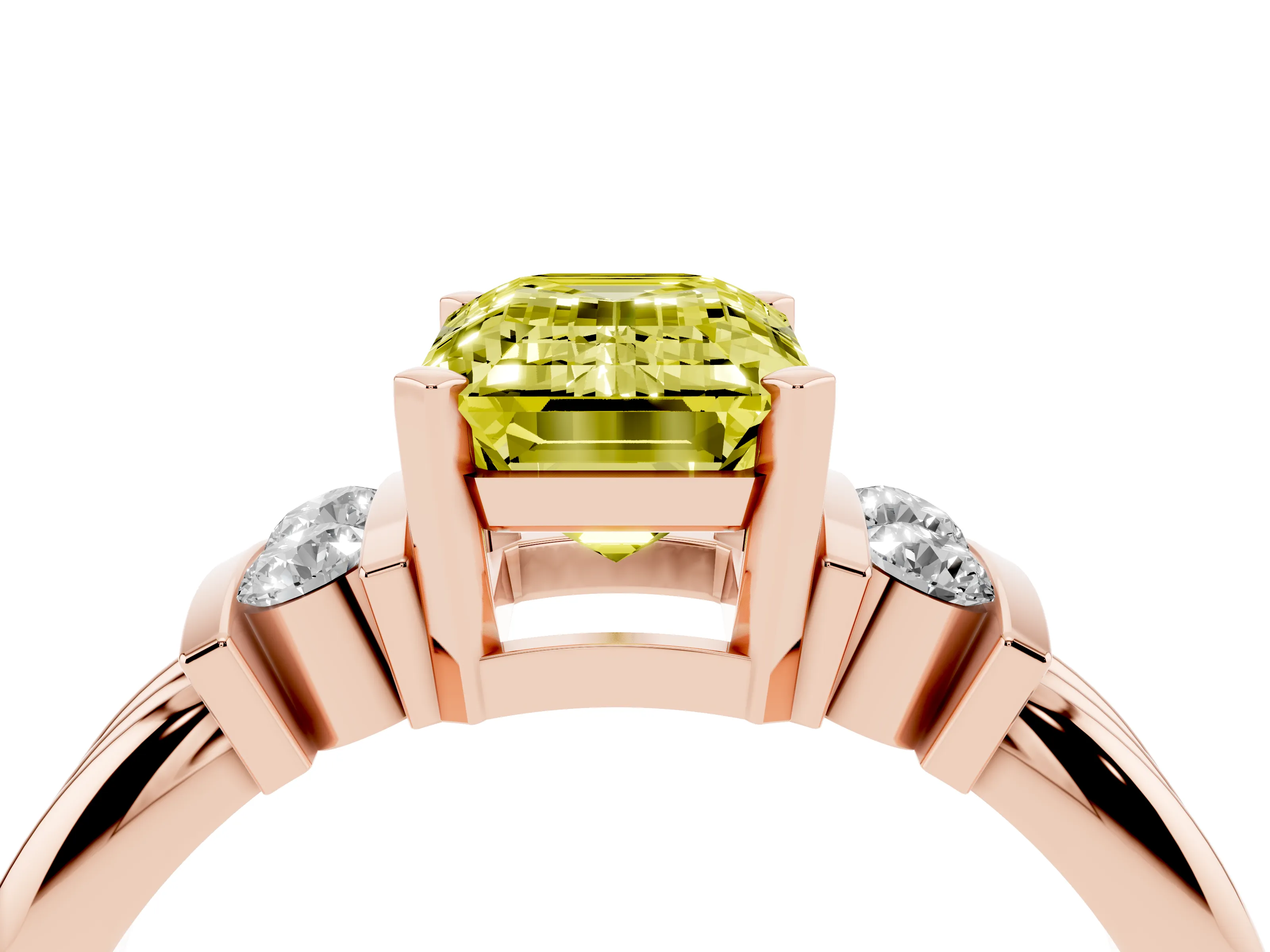 Fancy Yellow Three-Stone Emerald Cut Diamond Channel Set Ring Set in Rose gold with Bar Prongs