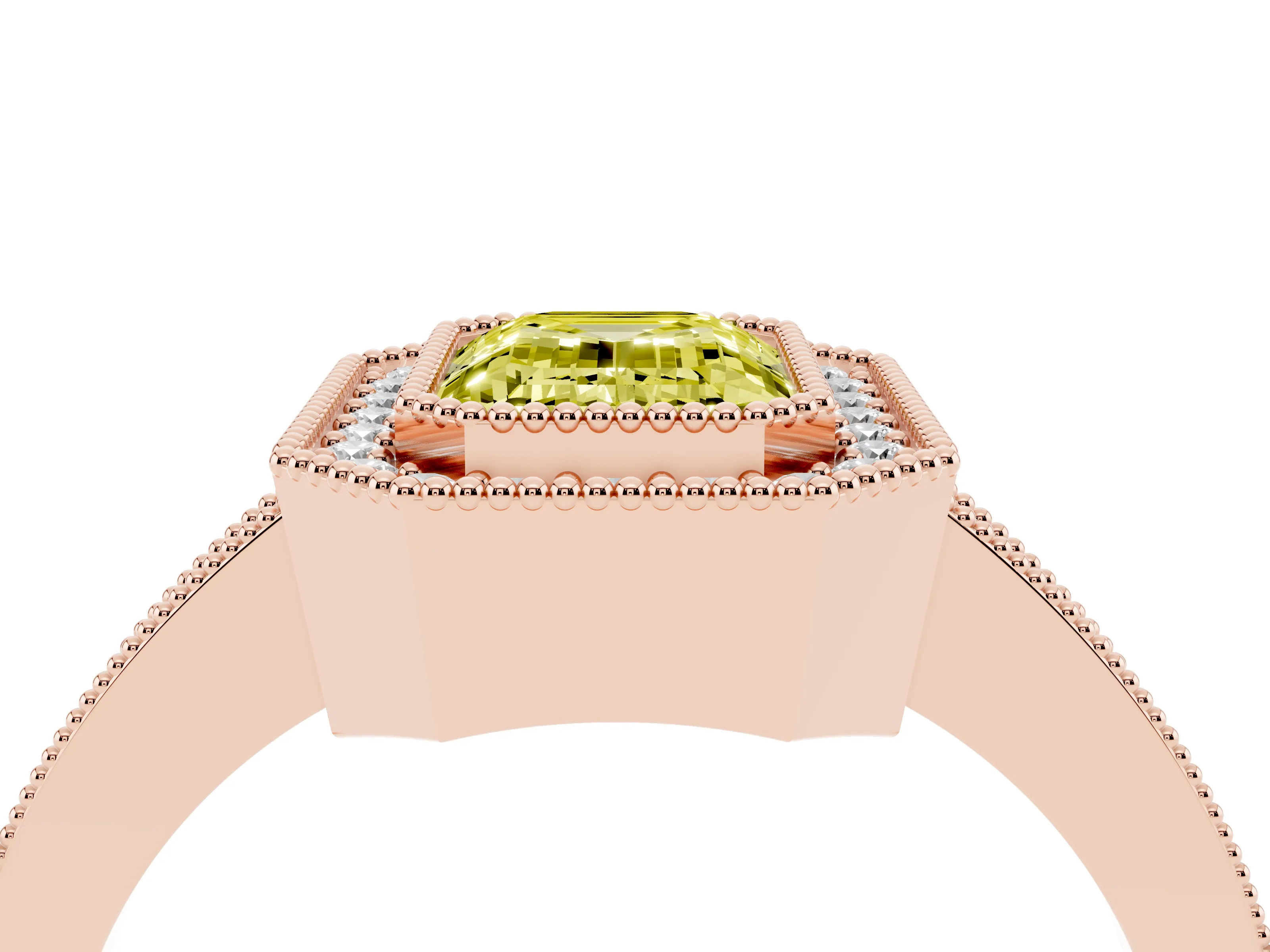 Fancy Yellow Emerald Cut Diamond Halo Engagement Ring Set in Rose gold with Pavé Band and Round Halo Stones
