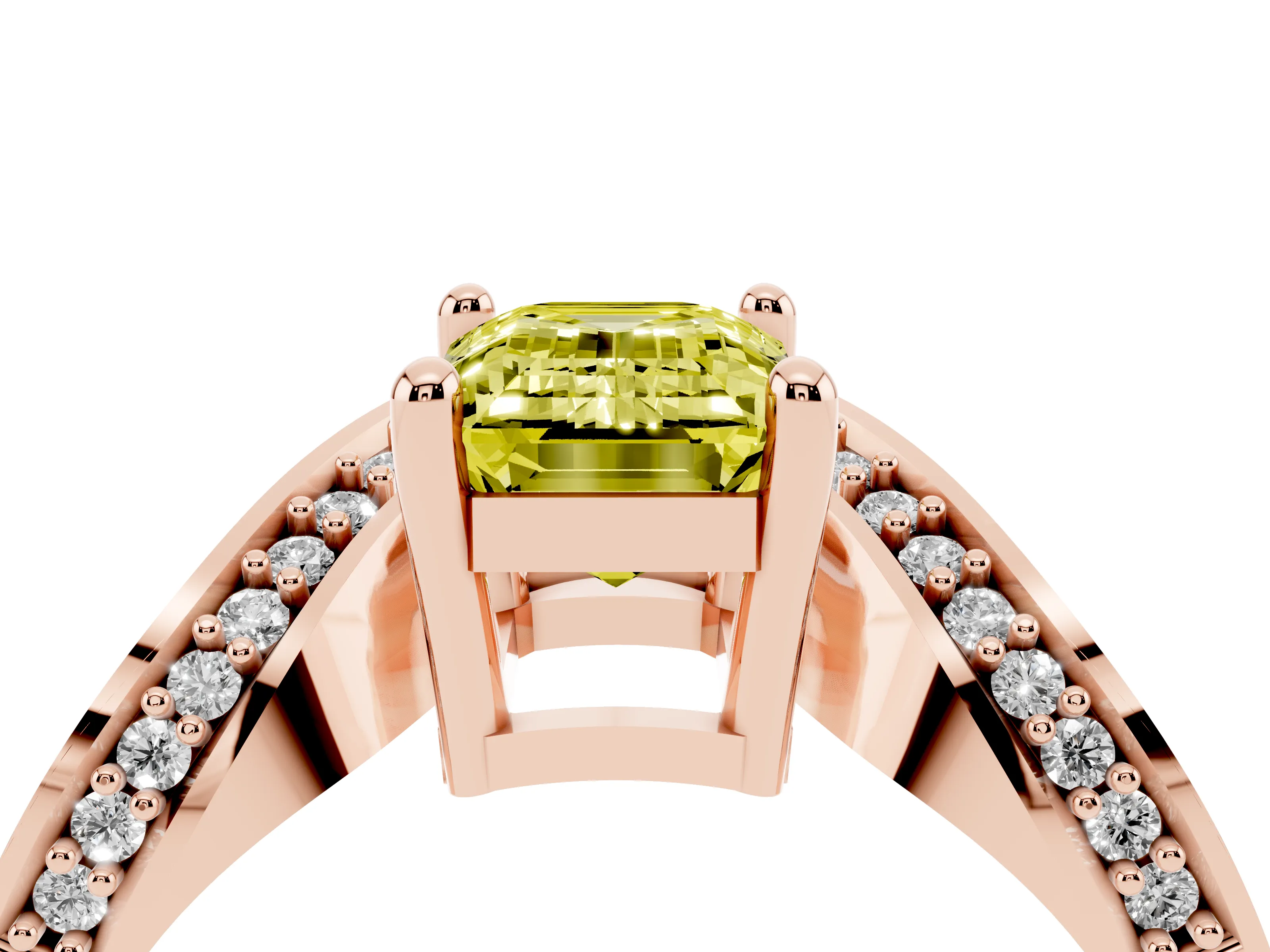 Fancy Yellow Emerald Cut Diamond Solitaire Engagement Ring Set in Rose gold with Pavé Shoulders