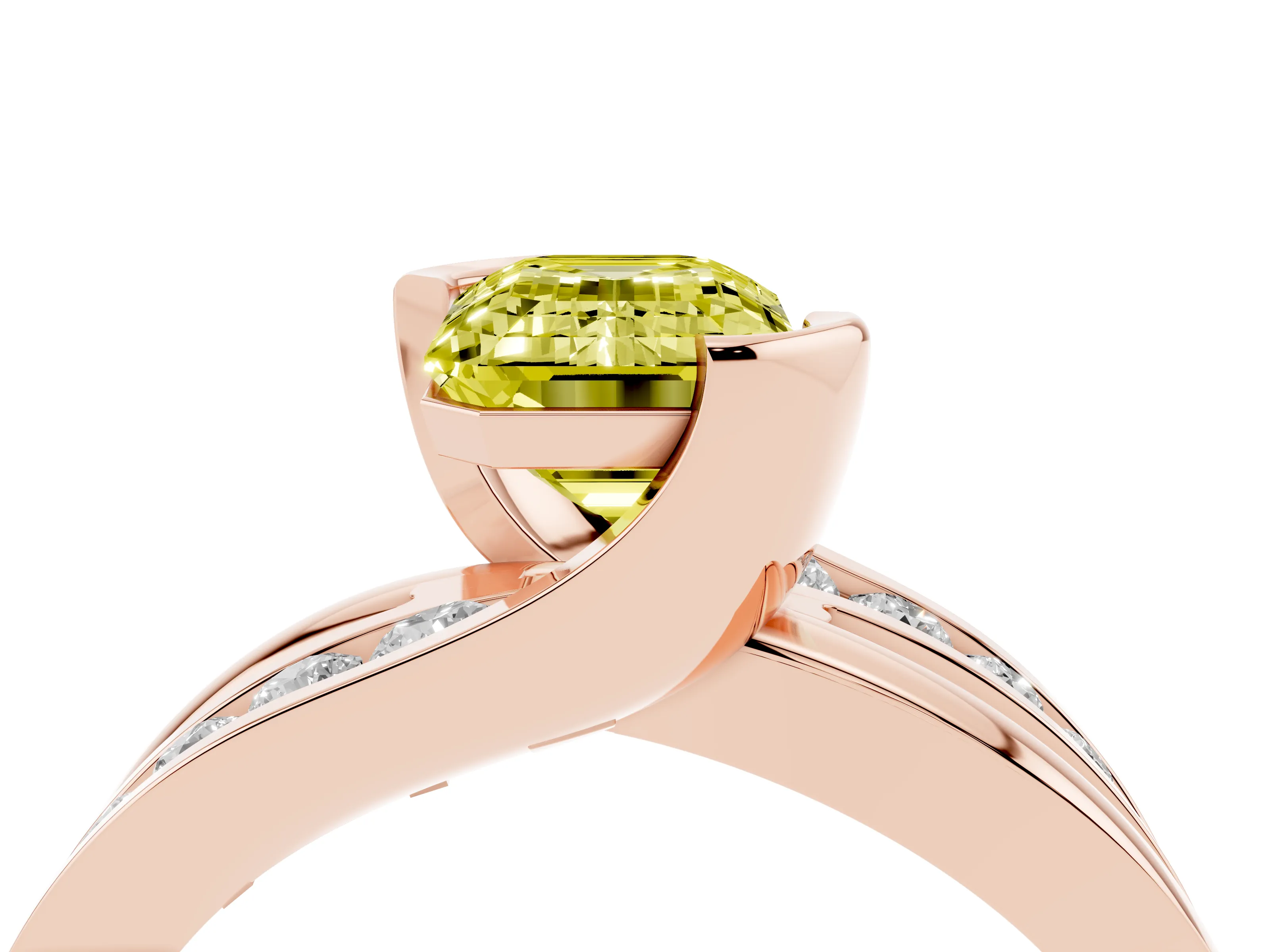 Fancy Yellow Emerald Cut Diamond Solitaire Ring Set in Rose gold with Channel Set Split Shank and Tension Prongs