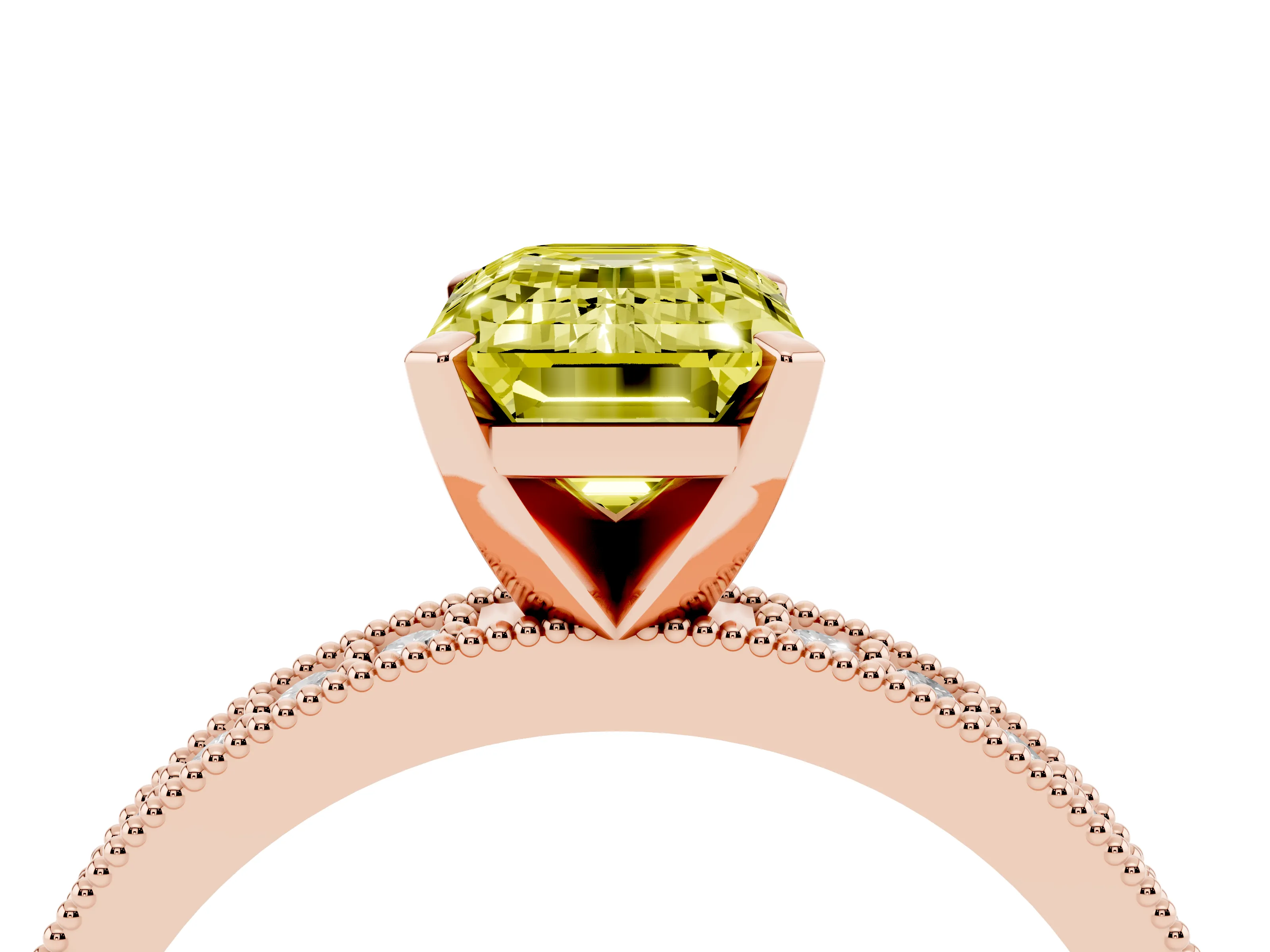 Fancy Yellow Emerald Cut Diamond Milgrain Pavé Engagement Ring Set in Rose gold with Prong Setting