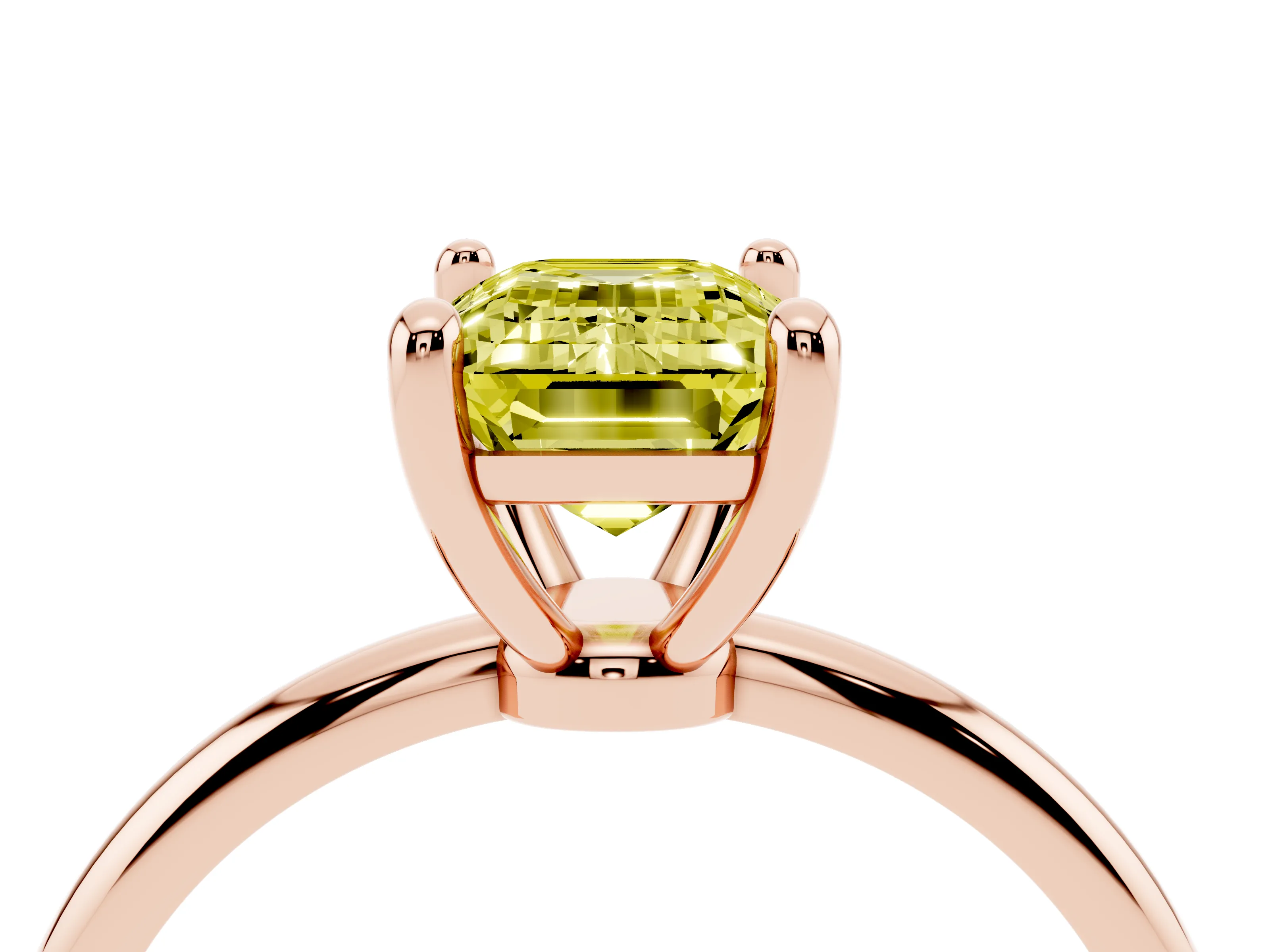 Fancy Yellow Emerald Cut Diamond Solitaire Ring Set in Rose gold with Secure Prong Setting on a Classic Band