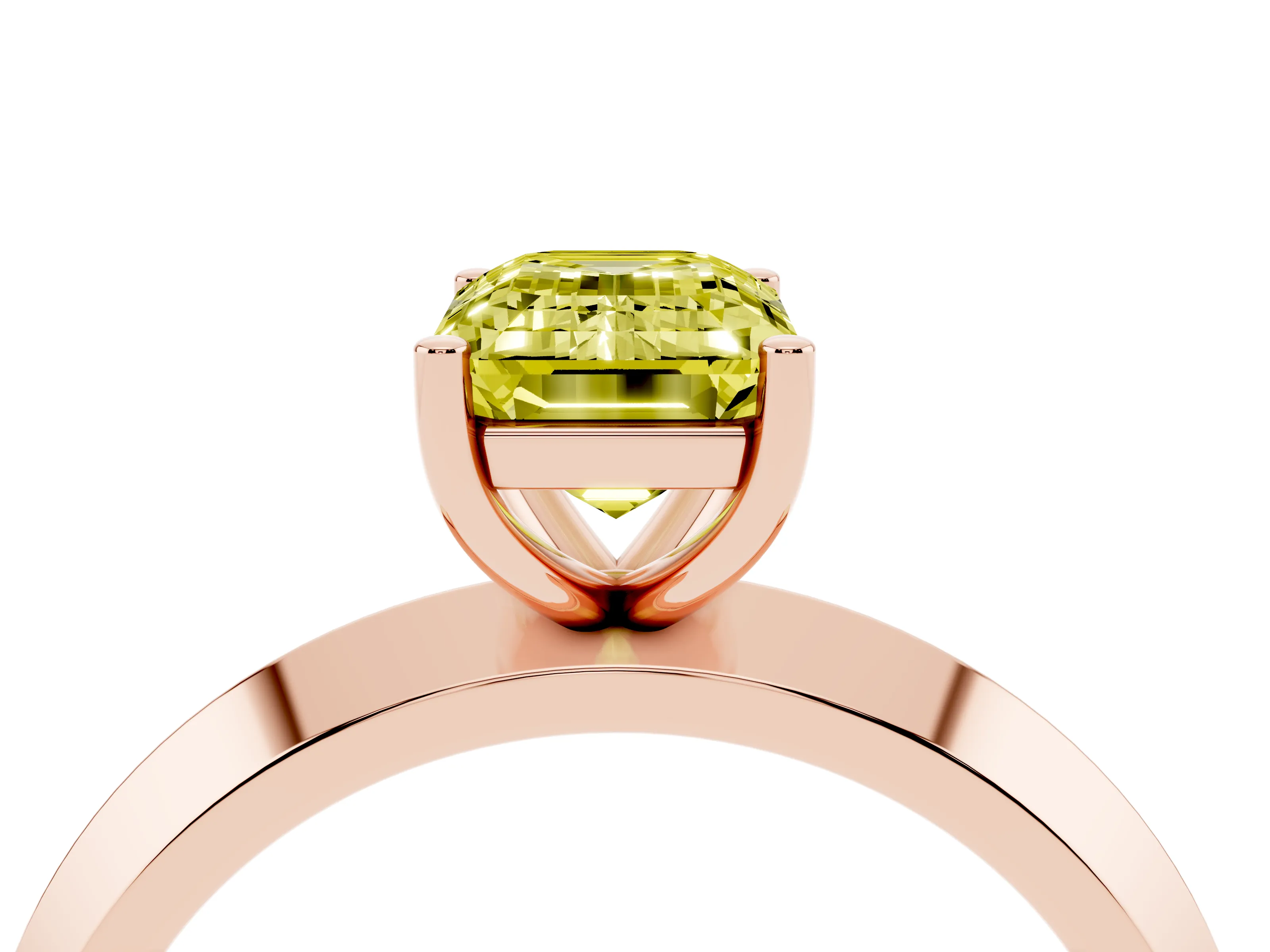 Fancy Yellow Emerald Cut Diamond Solitaire Engagement Ring Set in Rose gold with Flat Band and Prong Setting